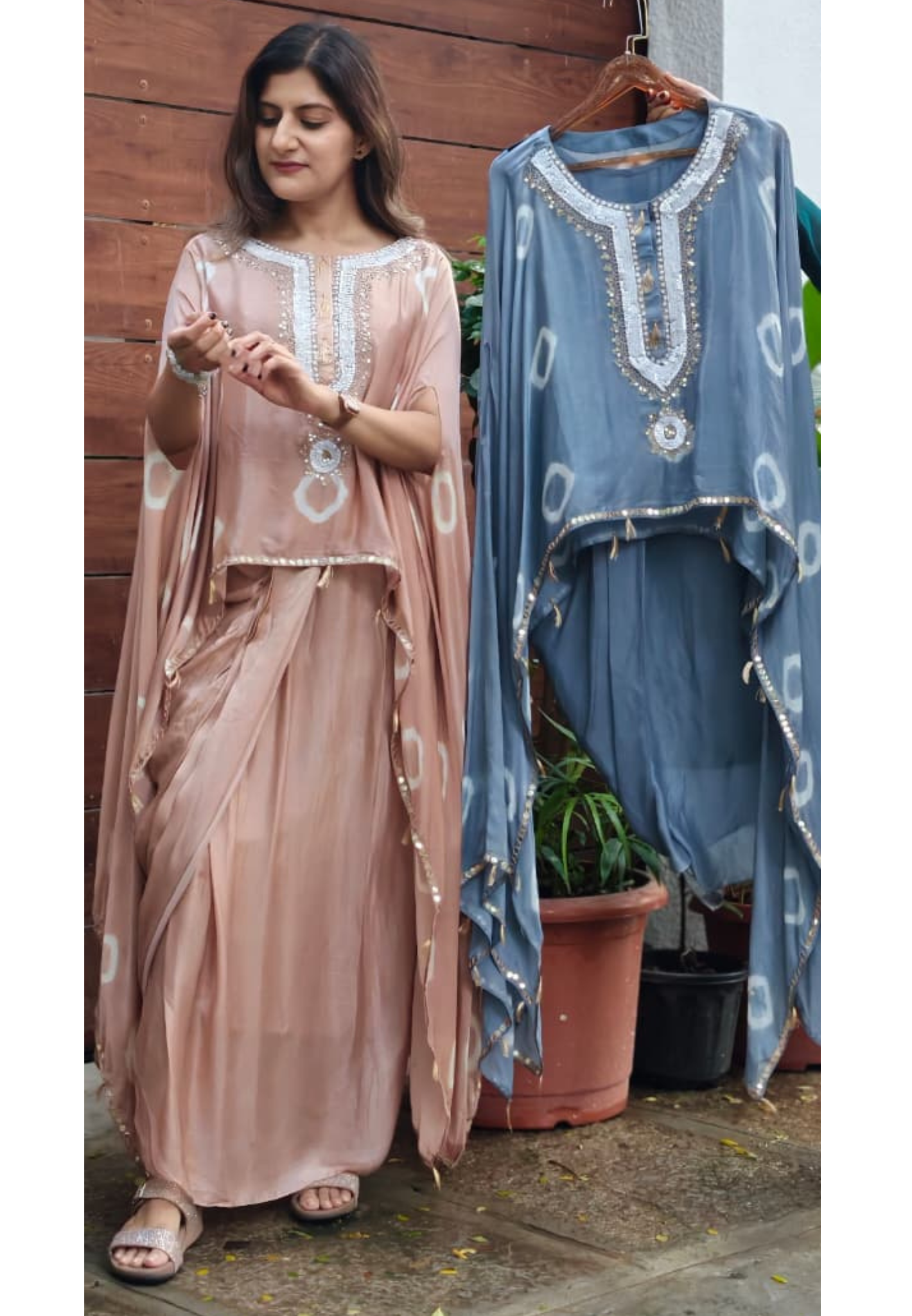 Shibori Print Embellished Kaftan Style Cape Top and Draped Dhoti Skirt Fusion Modal Satin Indo Wear- 15014