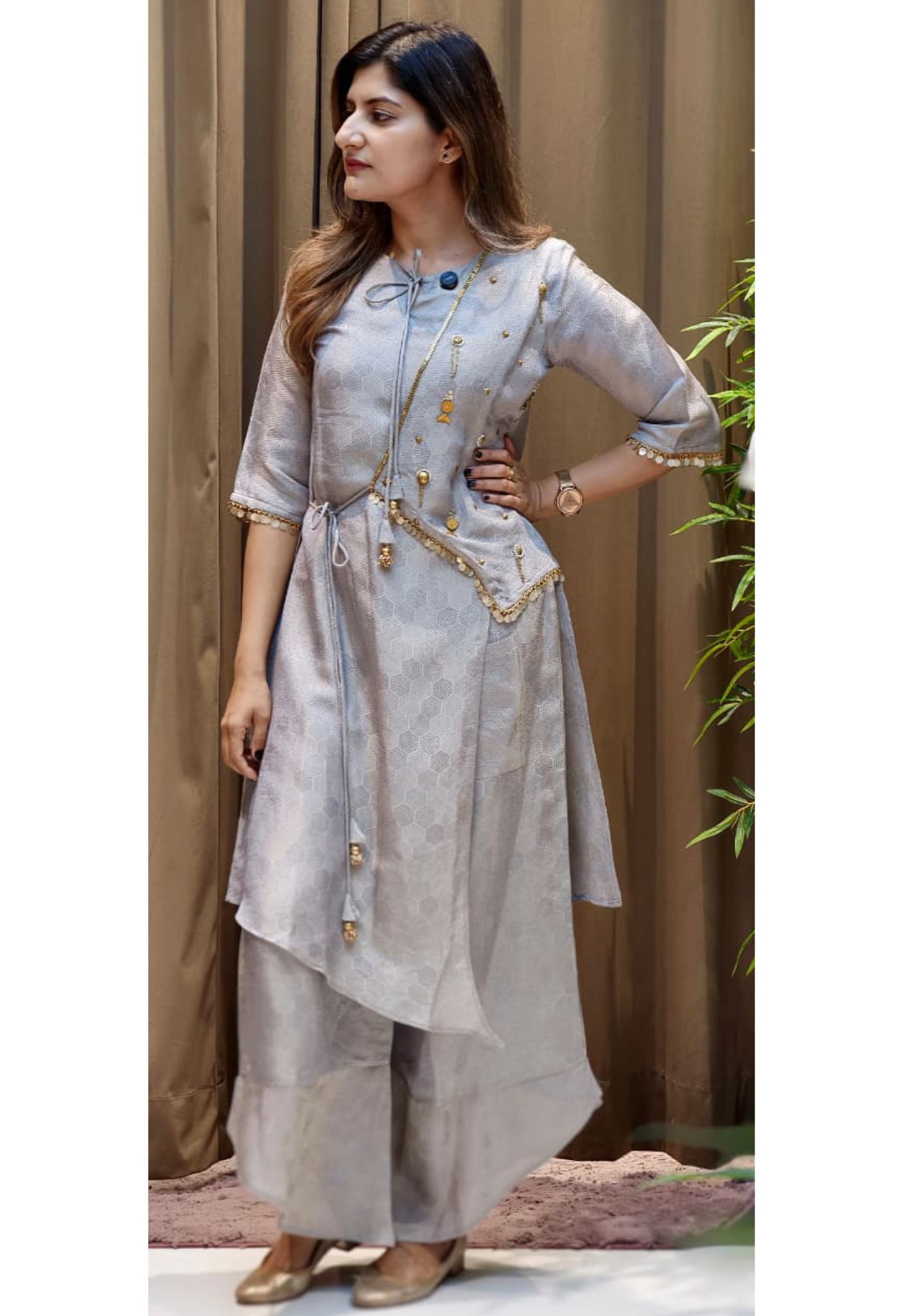 Ethereal Shimmer Fusion Knotted Indo Look Kurti With Palazzo Bottom- 15086