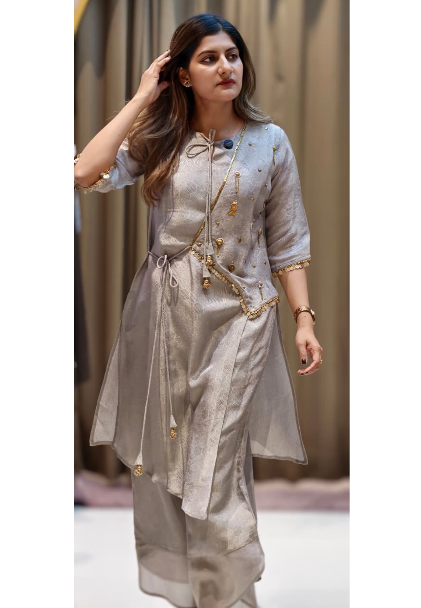 Ethereal Shimmer Fusion Knotted Indo Look Kurti With Palazzo Bottom- 15086