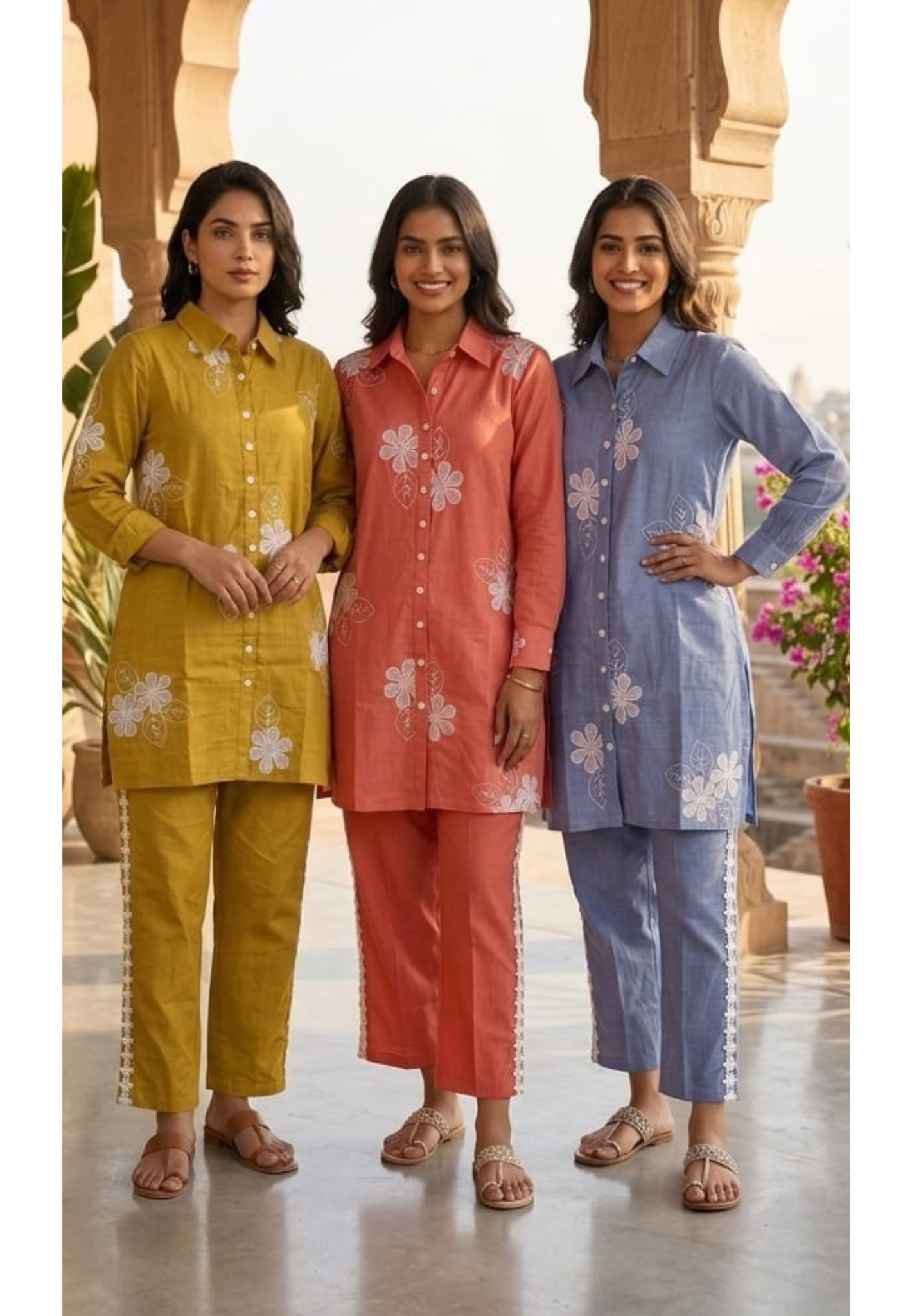 Cute Floral Applique Look Embroidered Banarasi Mul-Chanderi Co-Ord Set- 15435