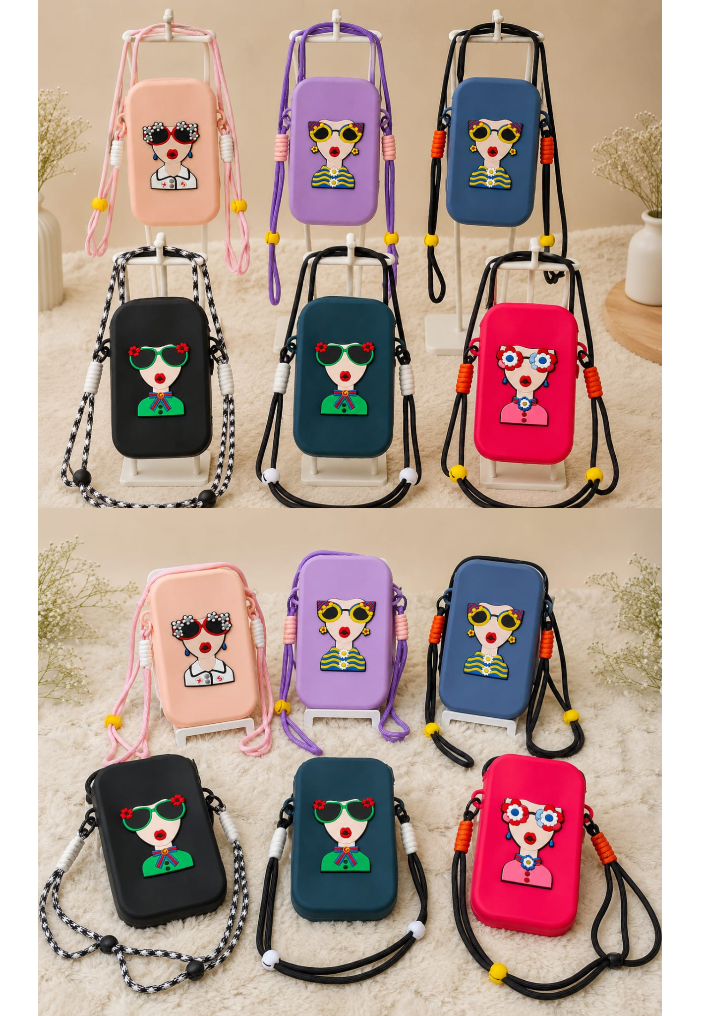 Premium Hard Case Cartoon Girl Mobile Sling Bag with Adjustable Lanyard Strap, Stylish Phone Carry Case for Women