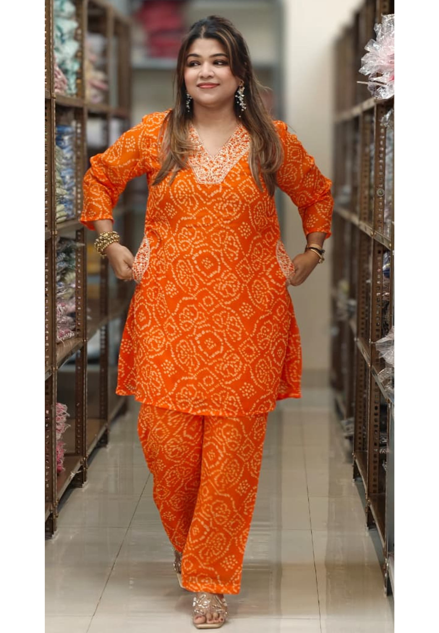Machine Work Embroidered V-Neck Premium Bandhani Print Georgette Kurta Pant Set with Pockets-15481