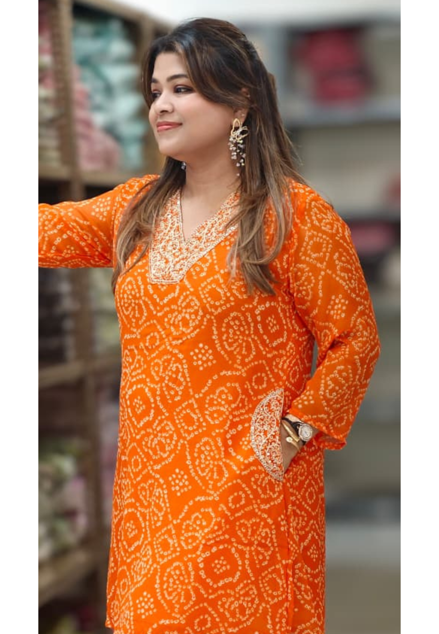 Machine Work Embroidered V-Neck Premium Bandhani Print Georgette Kurta Pant Set with Pockets-15481