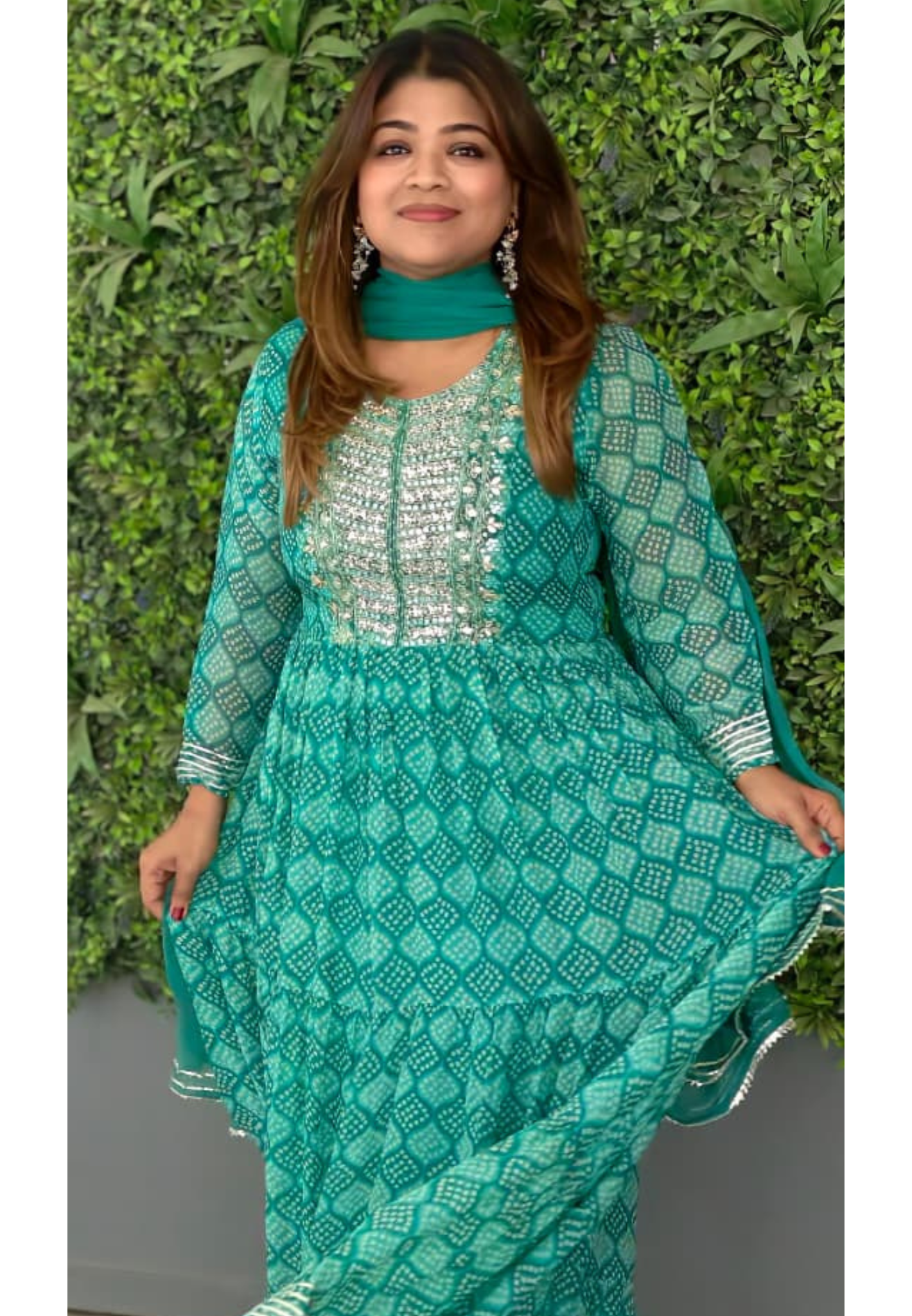 Georgette Bandhani Diamond Print Anarkali Set with Heavy Embroidered Yoke & Matching Dupatta(No Bottom)-15489