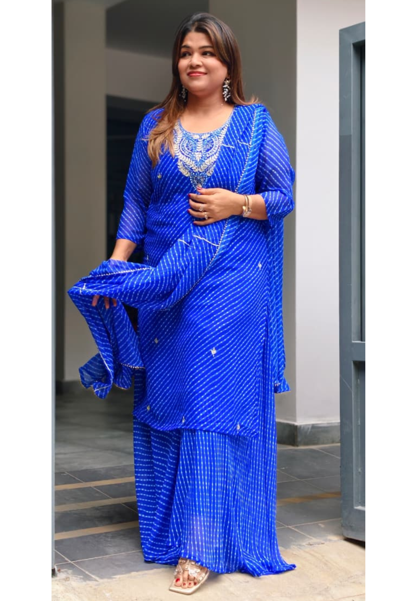 Elegant Traditional Gotta Embroidered Leheriya Pattern Semi Georgette Full Suit Set With Dupatta- 15118