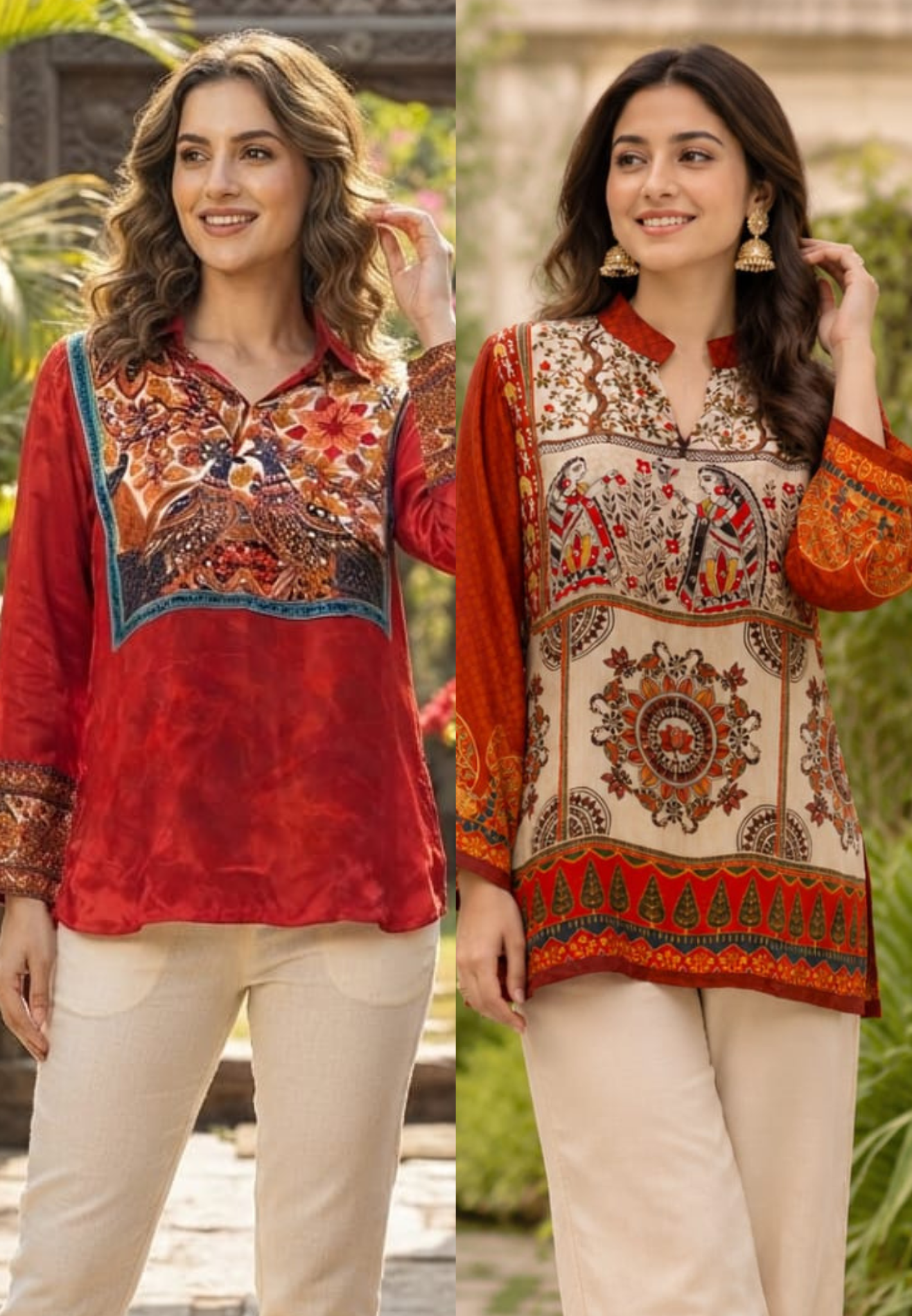 Multicolor Bohemian Bird & Figures Print Casual Crepe Shirt- 15434