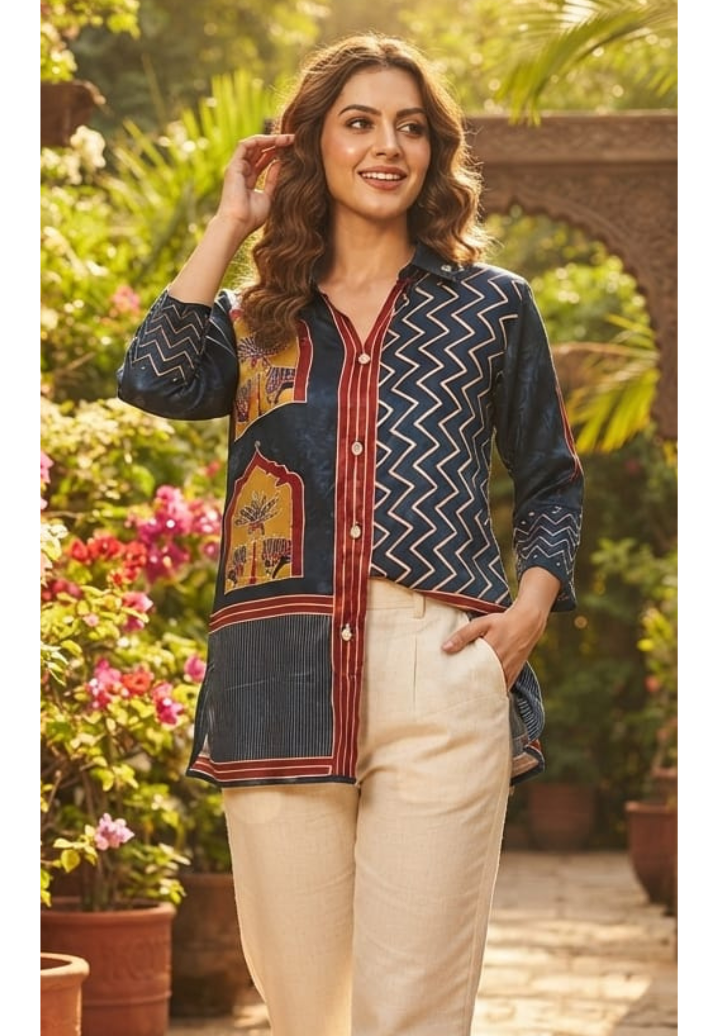 Chroma Zig-Zag Striped Casual Wear Crepe Shirt- 15434