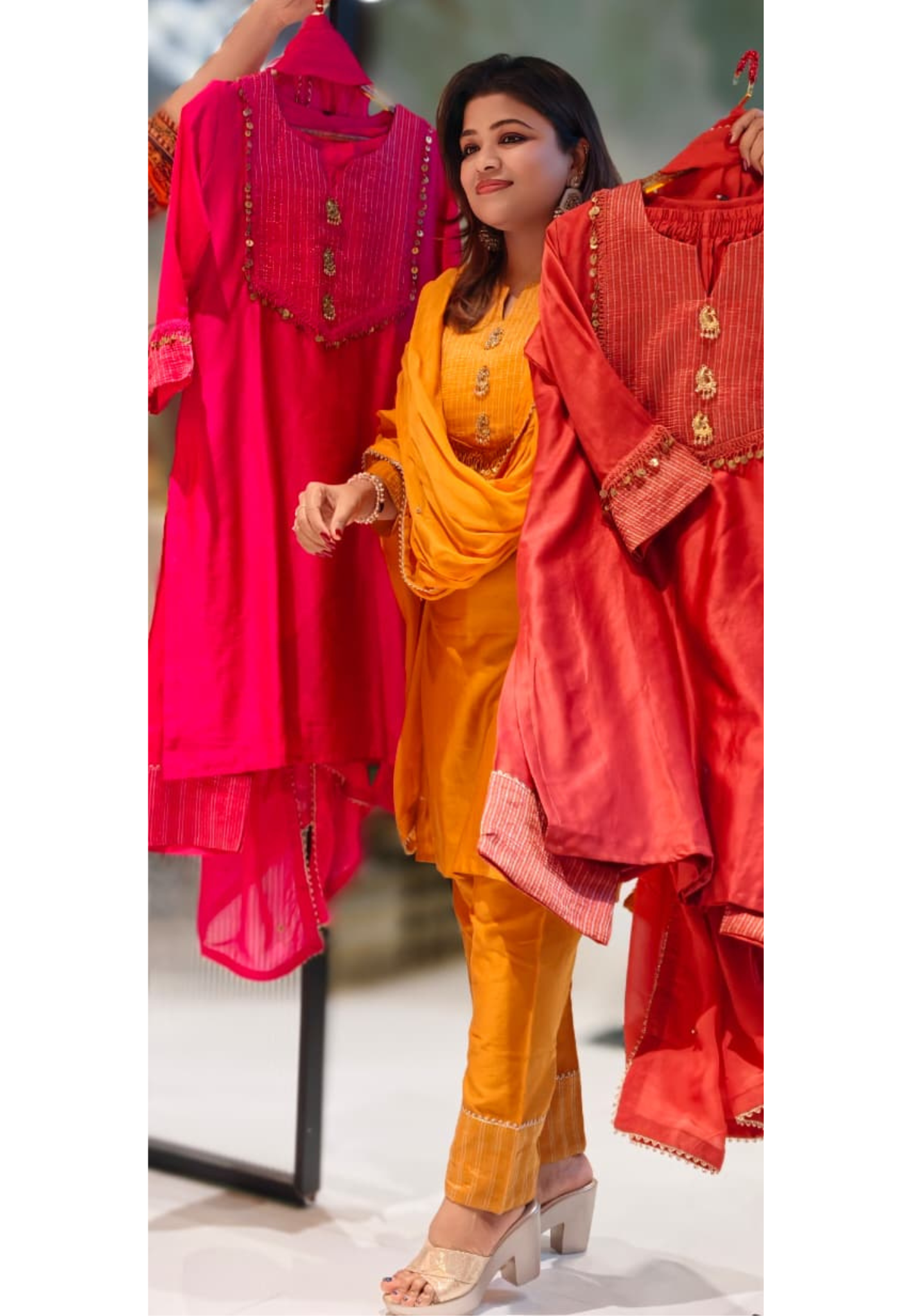 Golden Broach Look Tassel Accent Pleated Russian Silk Full Suit Set With Dupatta