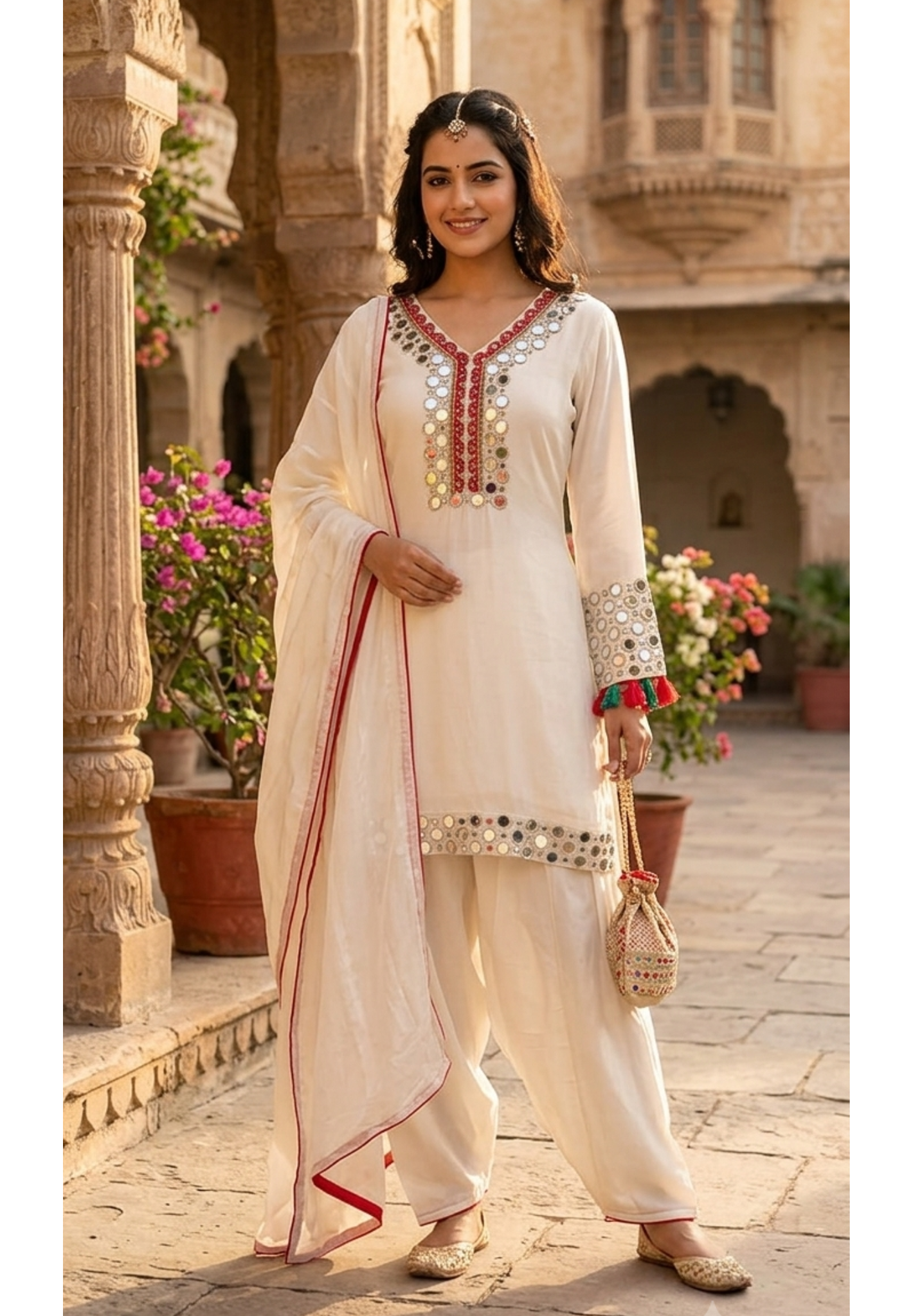 Real Mirror Highlights Tassel Accent Crepe Shirt Length Full Suit Set With Dupatta