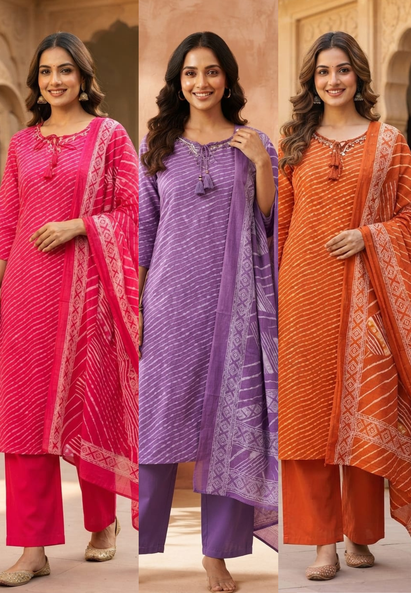 Minimal Neck Work Soft Cotton Leheriya Printed Full Suit Set With Dupatta- 15531