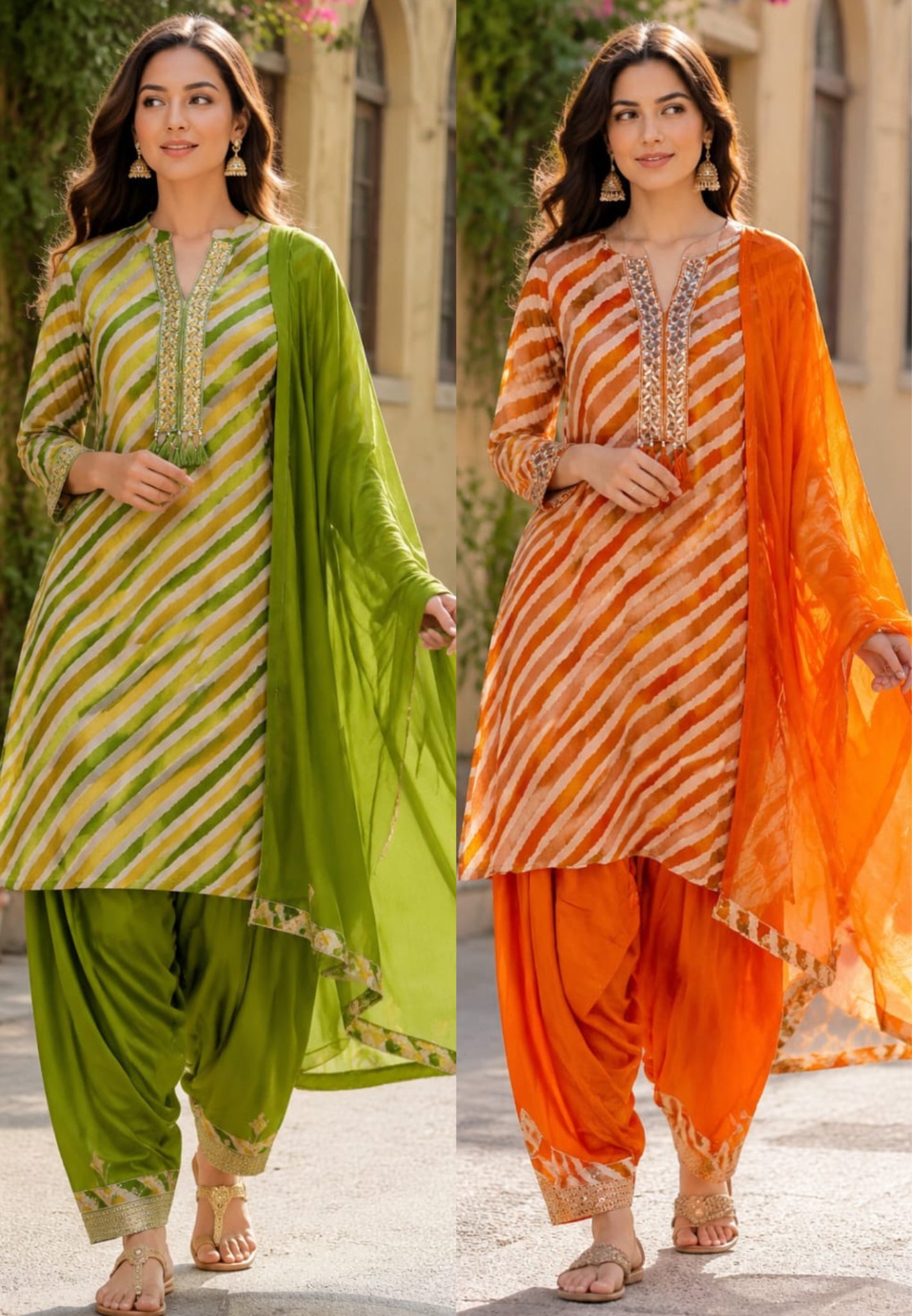Foli Mirror Thread Embroidery Tassel Accent Lehriya Short Length Kurta With Farsi Salwar & Dupatta In Chinon Fabric-15510