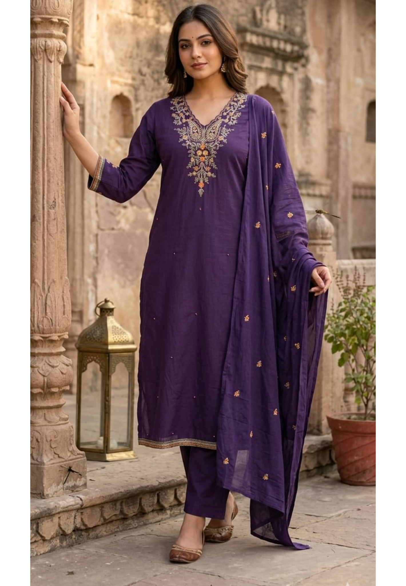 Fine Thread Embroidered Solid Shade Cotton Full Suit Set With Dupatta