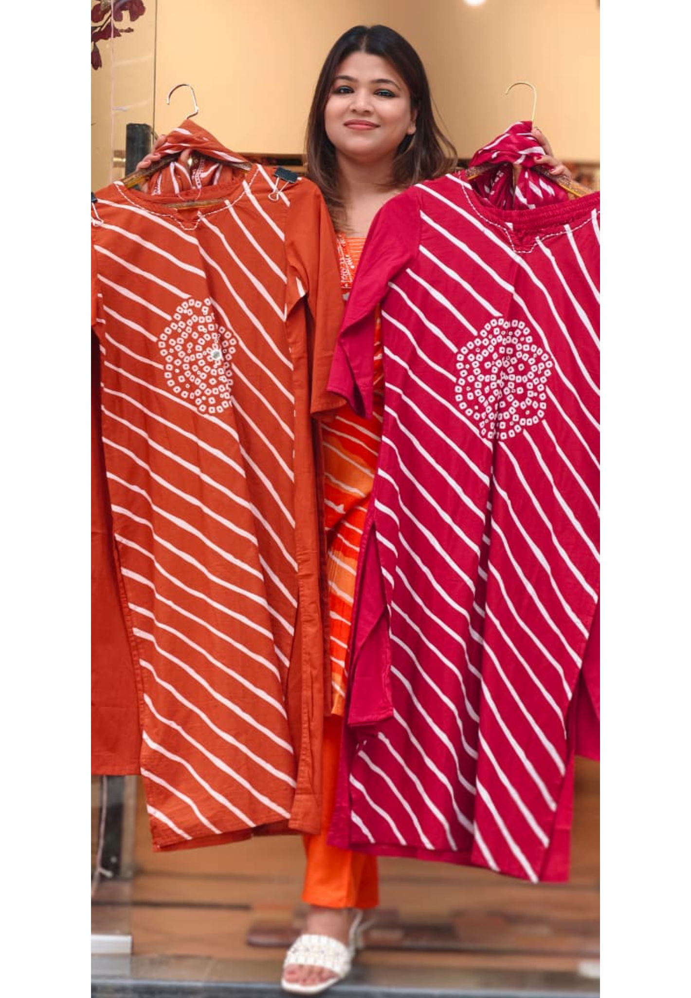Minimal Neckline Lehriya With Front Yoke Print Cotton Full Suit Set With Dupatta- 15668