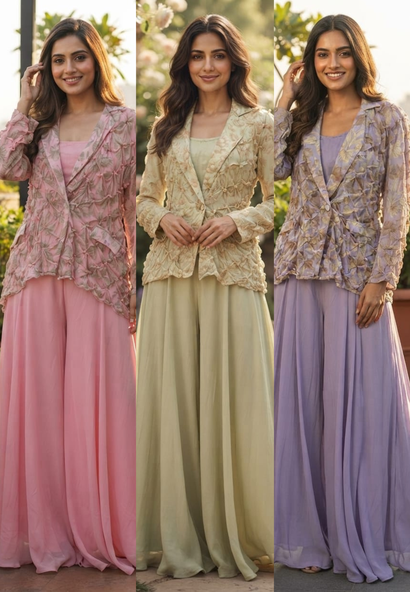 Pleated Chevron Floral Print Jacket With Inner & Flared Skirt Look Palazzo Bottom Indo Wear- 15539