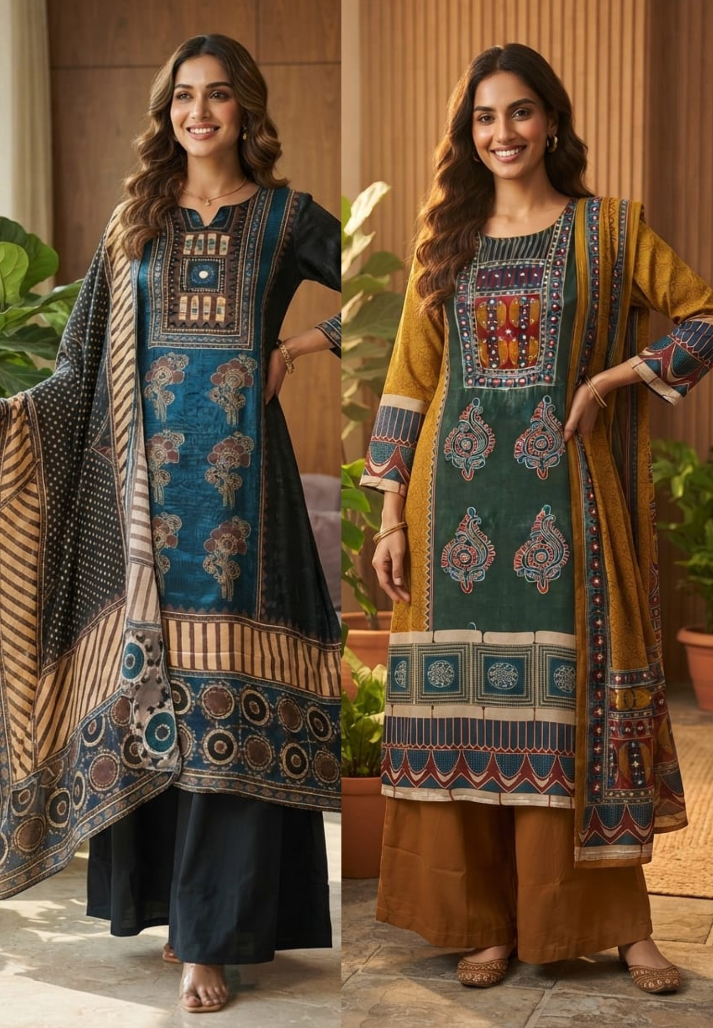 Butter Shine Crepe Fabric Abstract Ajrakh Print A-Line Full Suit Set With Dupatta- 15624