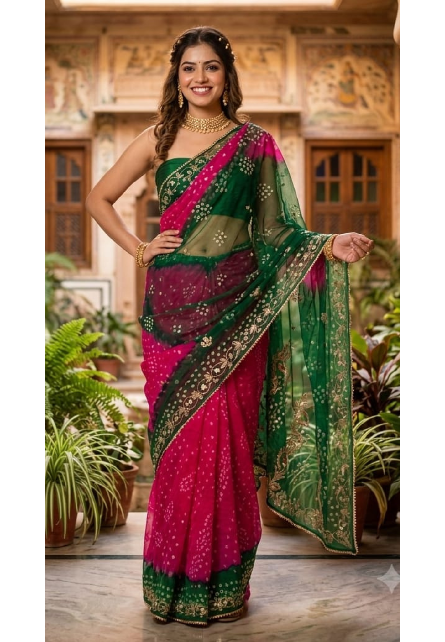 Festive Elegance Bandhani With Gotta Work Premium Saree With Unstitched Blouse- 15658
