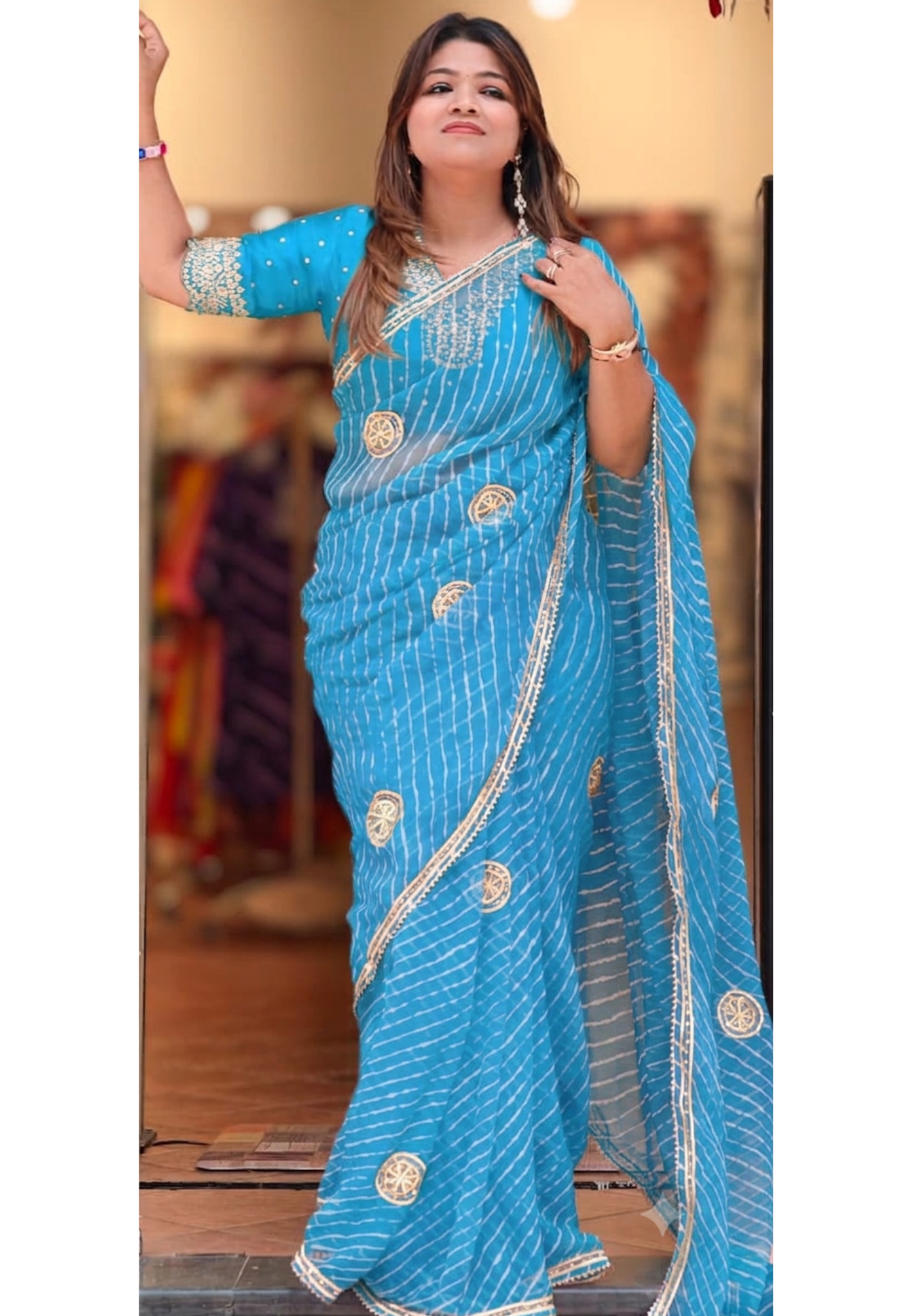 Ghoomar Threads Wavey Lehriya Prints Gotta Elegance Semi-Georgette Saree With Unstitched Blouse- 15655