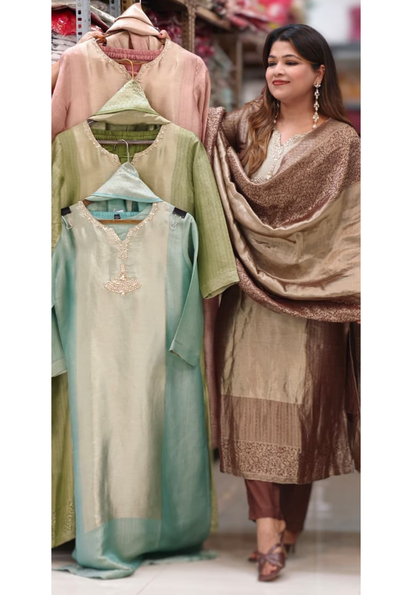 Premium Zebra Tissue Kundan Look Front Work Pastel Tone Full Suit Set With Dupatta- 15702