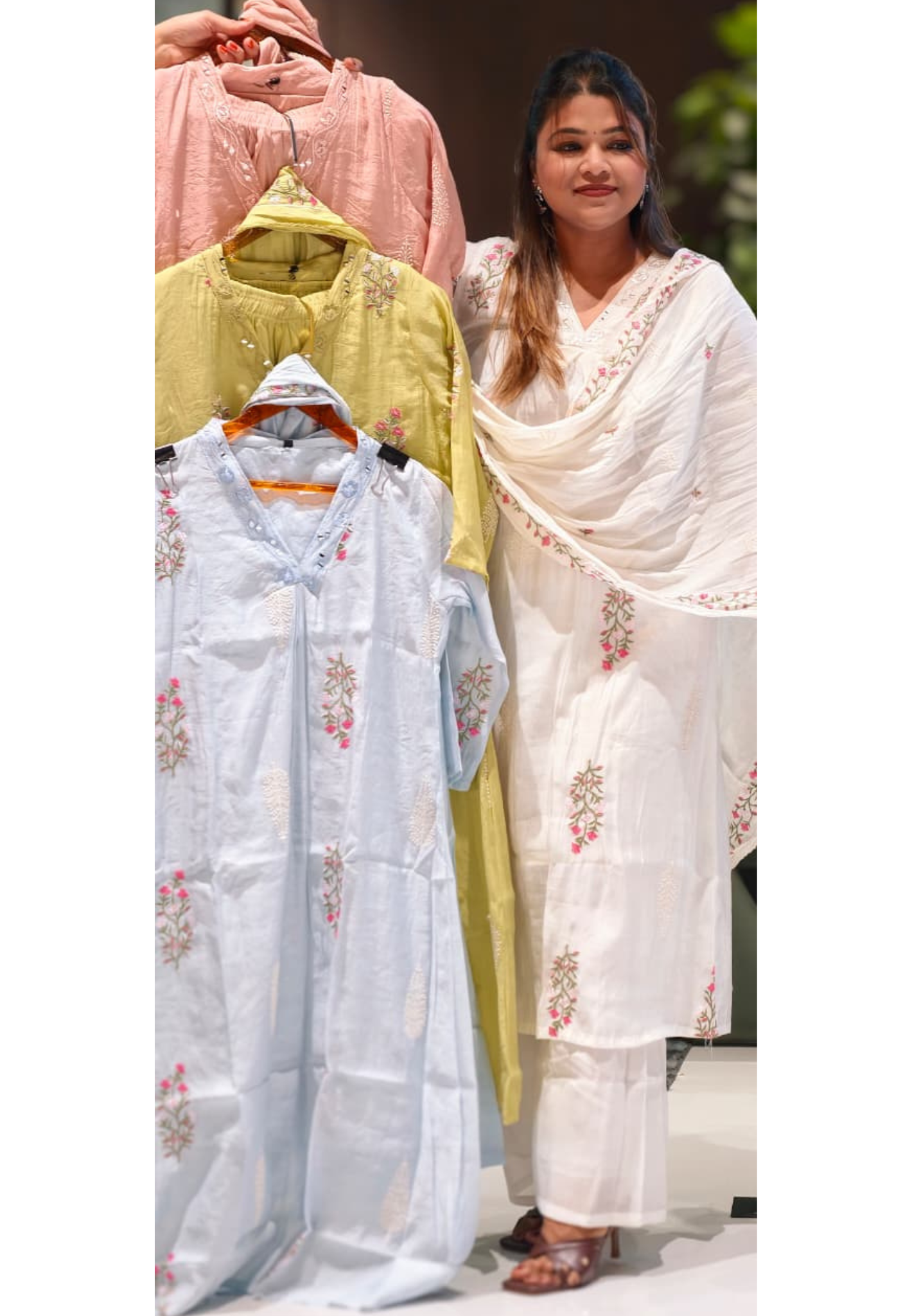 Fine Intricate Floral Embroidery Real Mirror Touch Pastel Shades Surat Mul-Chanderi A-Line Full Suit Set With Dupatta- 15679