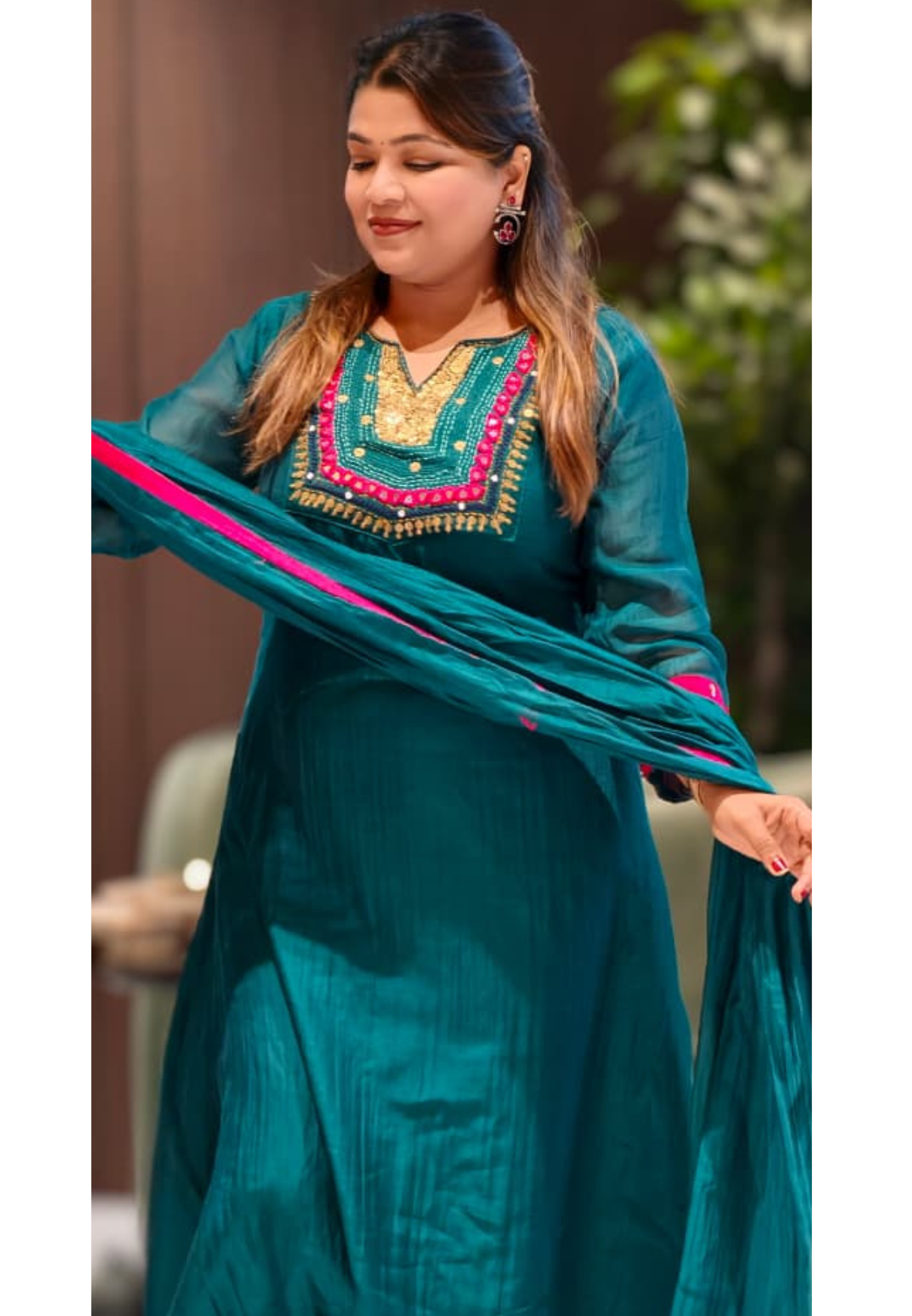 Contrasting Accents Embroidered A-Line Full Suit Set with Sequin-Work Yoke & Dupatta In Banarasi Mul Chanderi Fabric- 15704