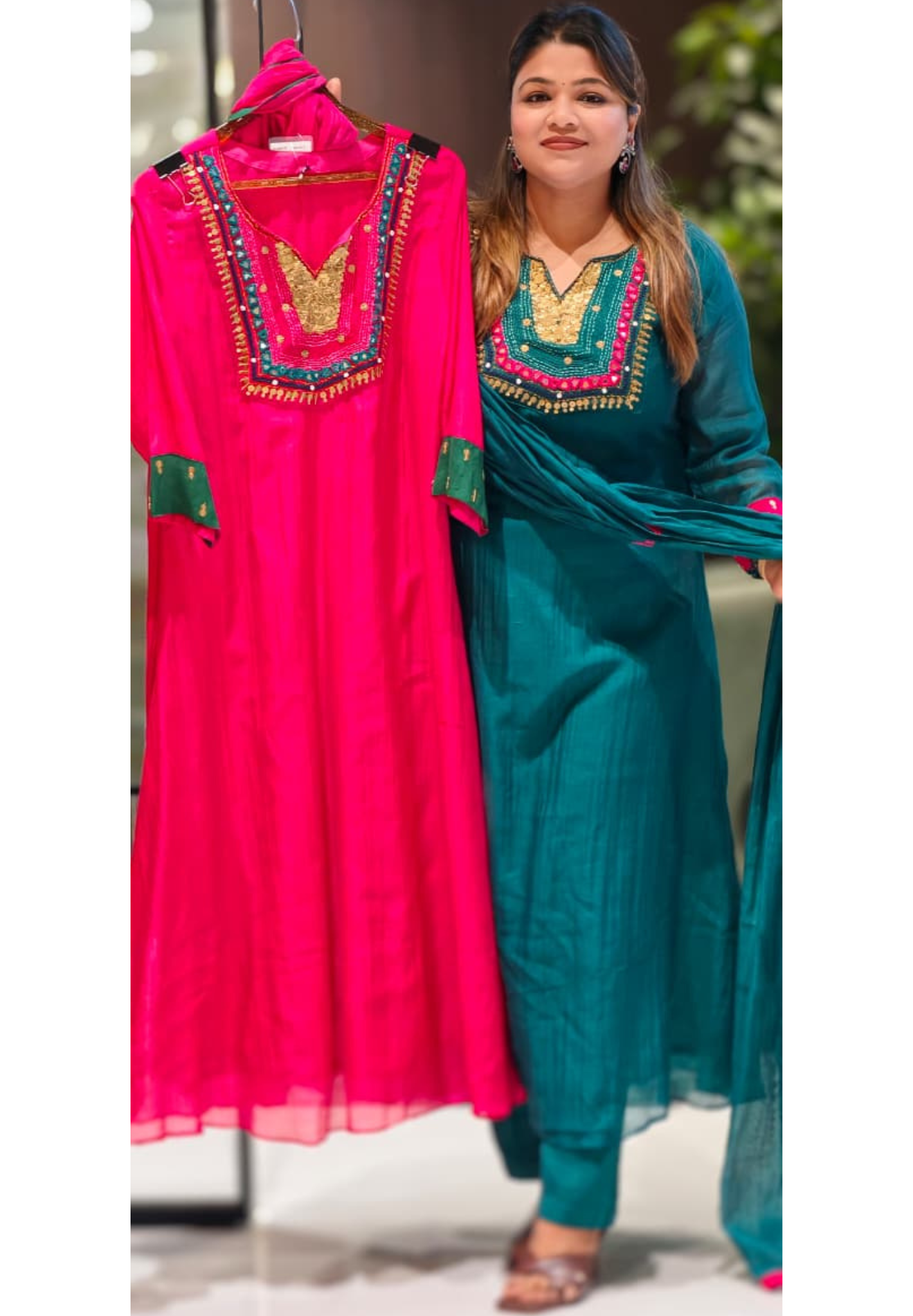 Contrasting Accents Embroidered A-Line Full Suit Set with Sequin-Work Yoke & Dupatta In Banarasi Mul Chanderi Fabric- 15704