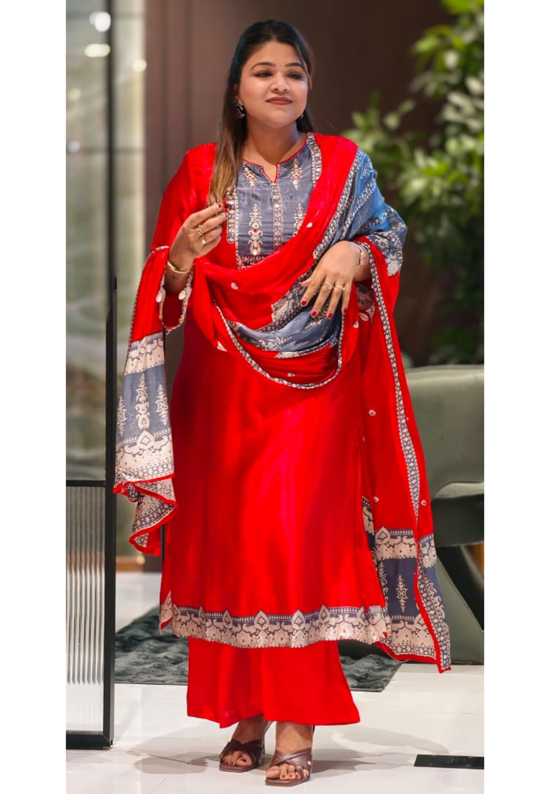 Kodi Accent Mirror Work Intricate Embroidery Printed Full Suit Set With Dupatta In Gajji Silk Fabric- 15678