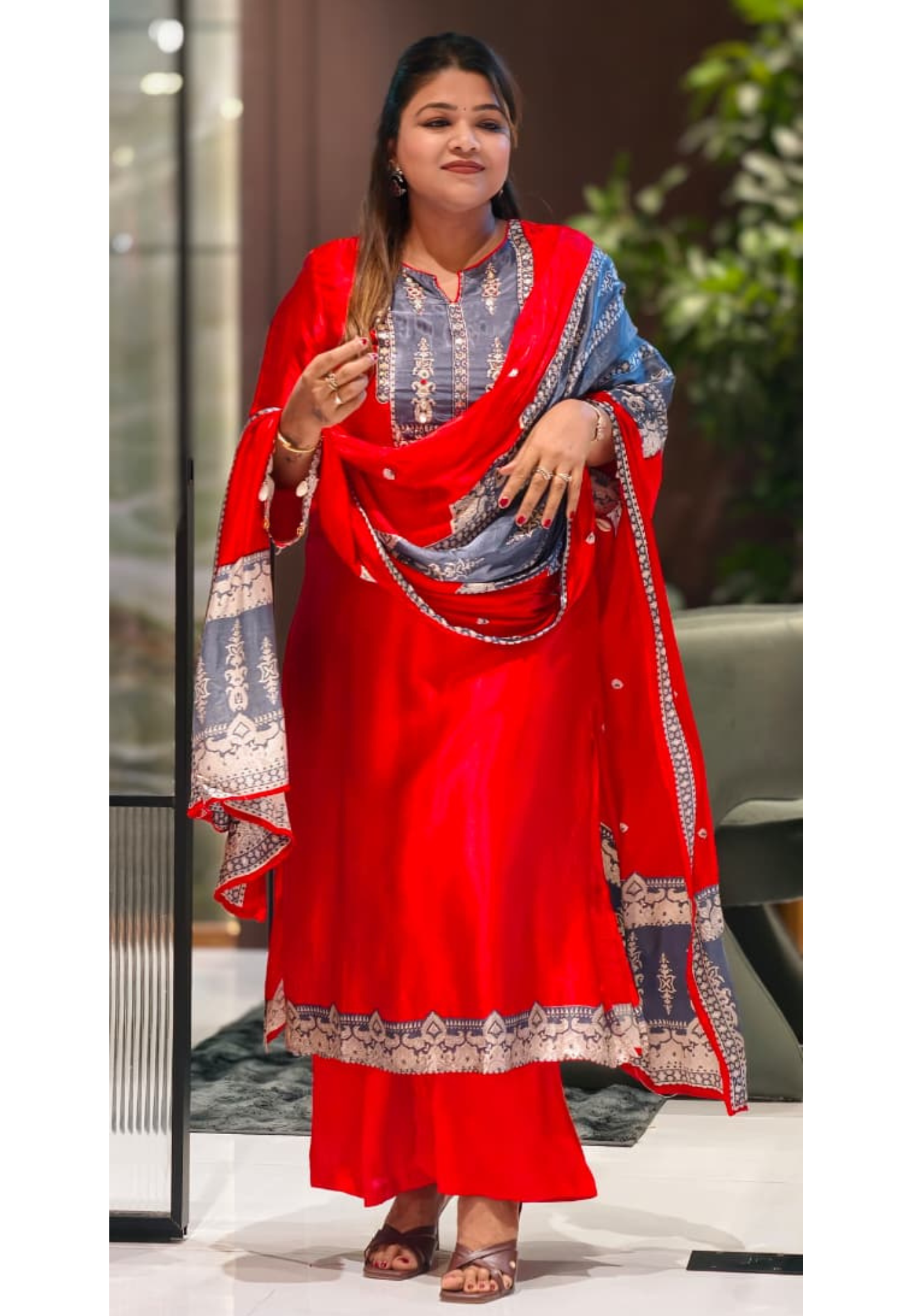 Kodi Accent Mirror Work Intricate Embroidery Printed Full Suit Set With Dupatta In Gajji Silk Fabric- 15678