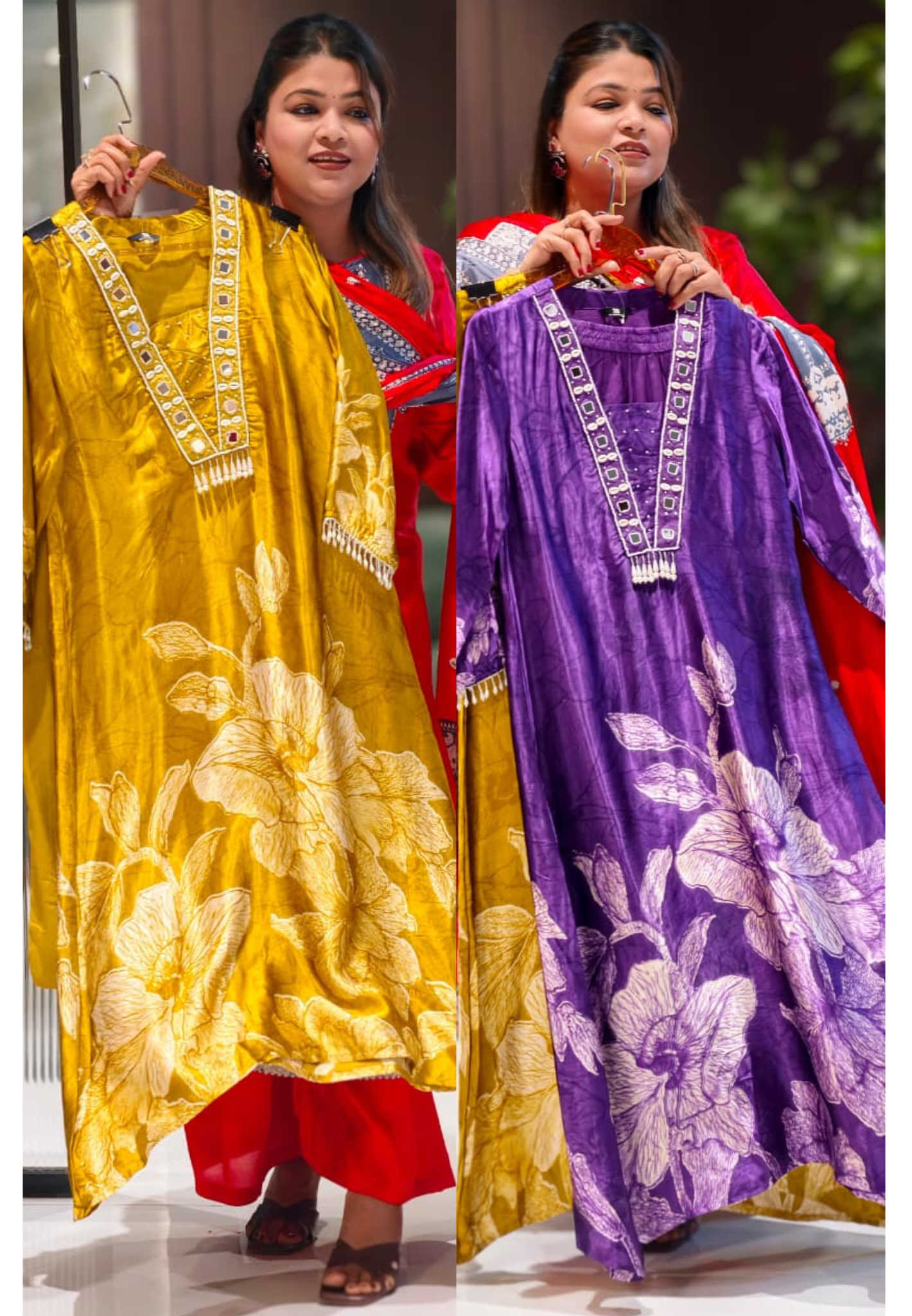 Flowy Gajji Silk Tassel Accent With Real Mirror & Kodi Detailing A-Line Kurta Pant Set- 15620