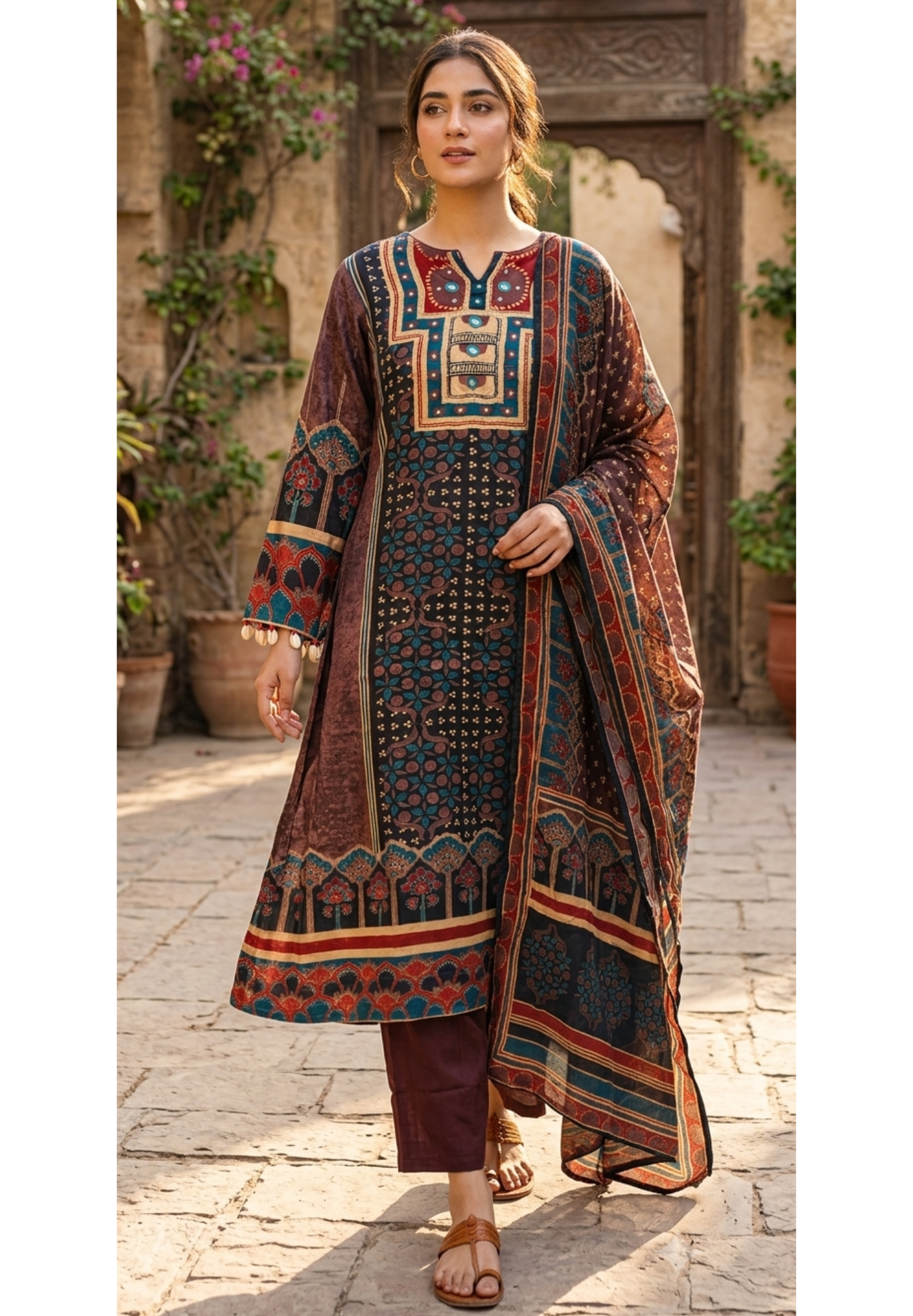 Bold Shades Ajrakh Print Real Mirror & Kodi Detailing Flowy Crepe A-Line Full Suit Set With Dupatta-  15264