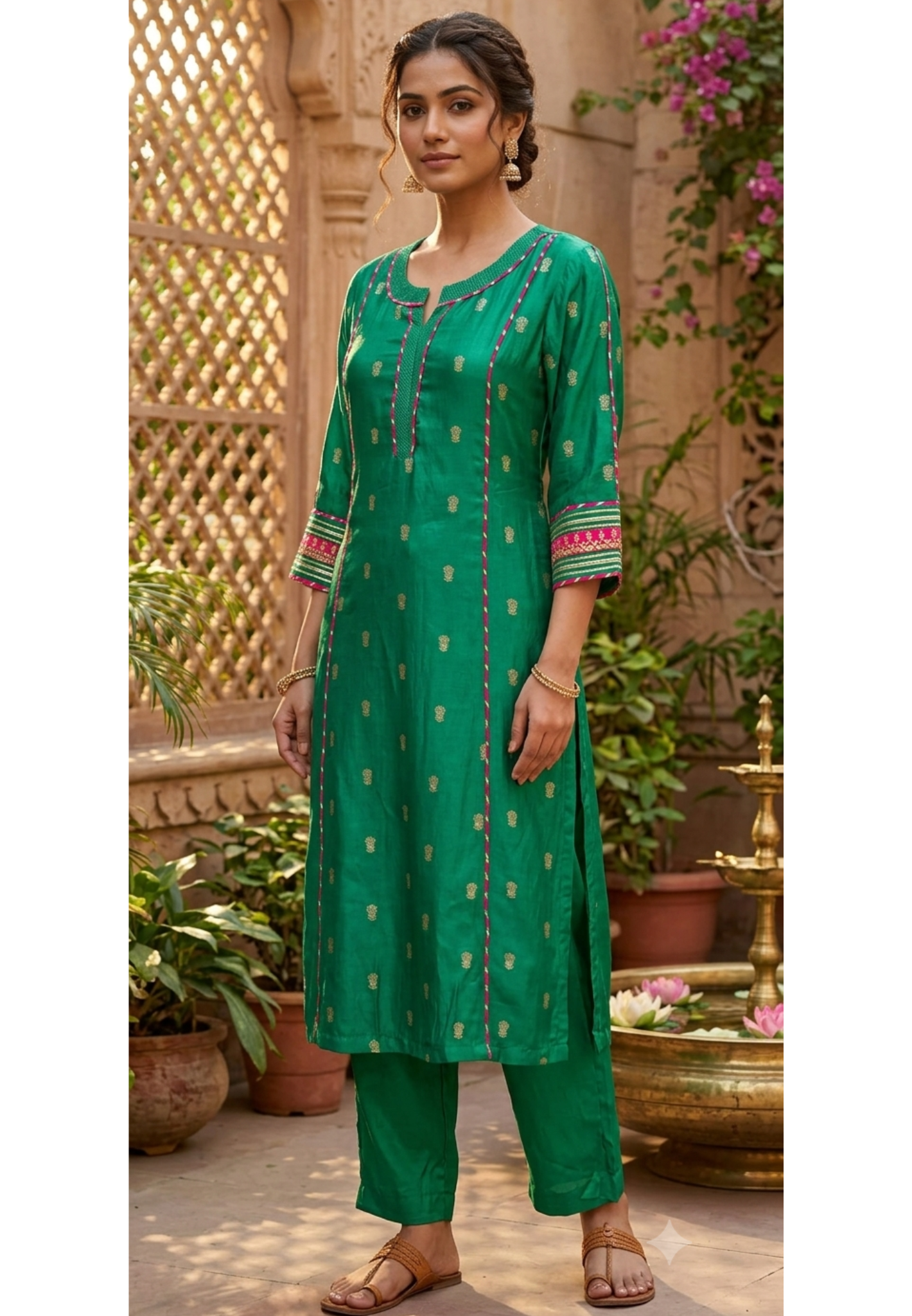Traditional Silk Ethinc Kurta Pant Set With Pink & Golden Highlighted Pipings- 15535