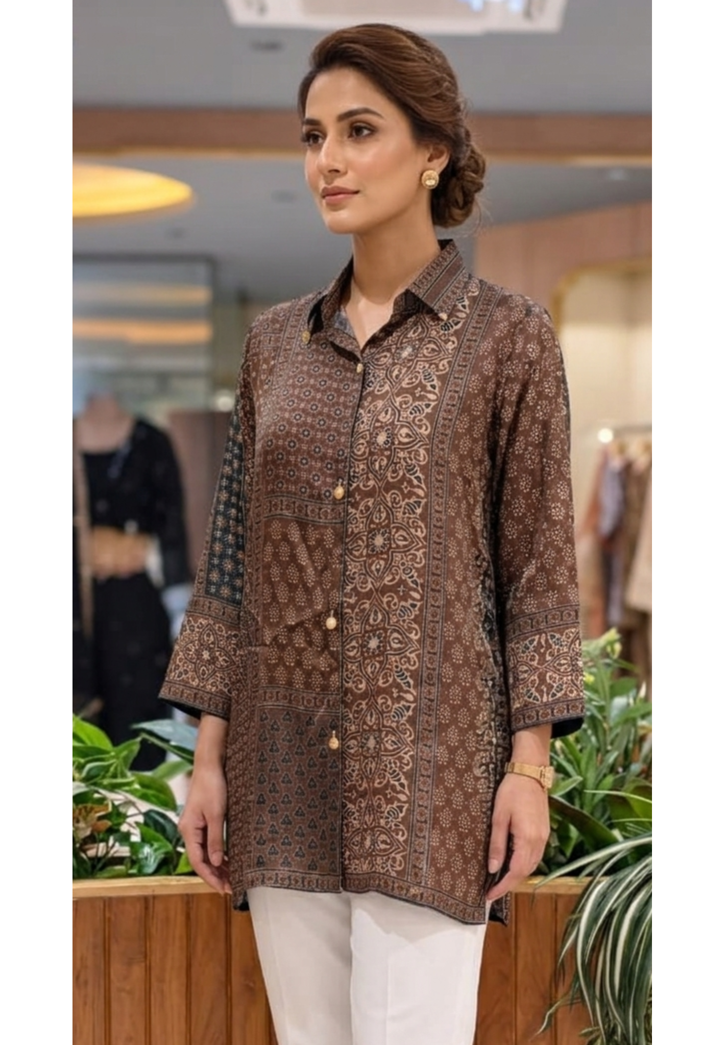 Tiny Floral Block Prints Coin Tassel Flowy Casual Crepe Shirt- 15634