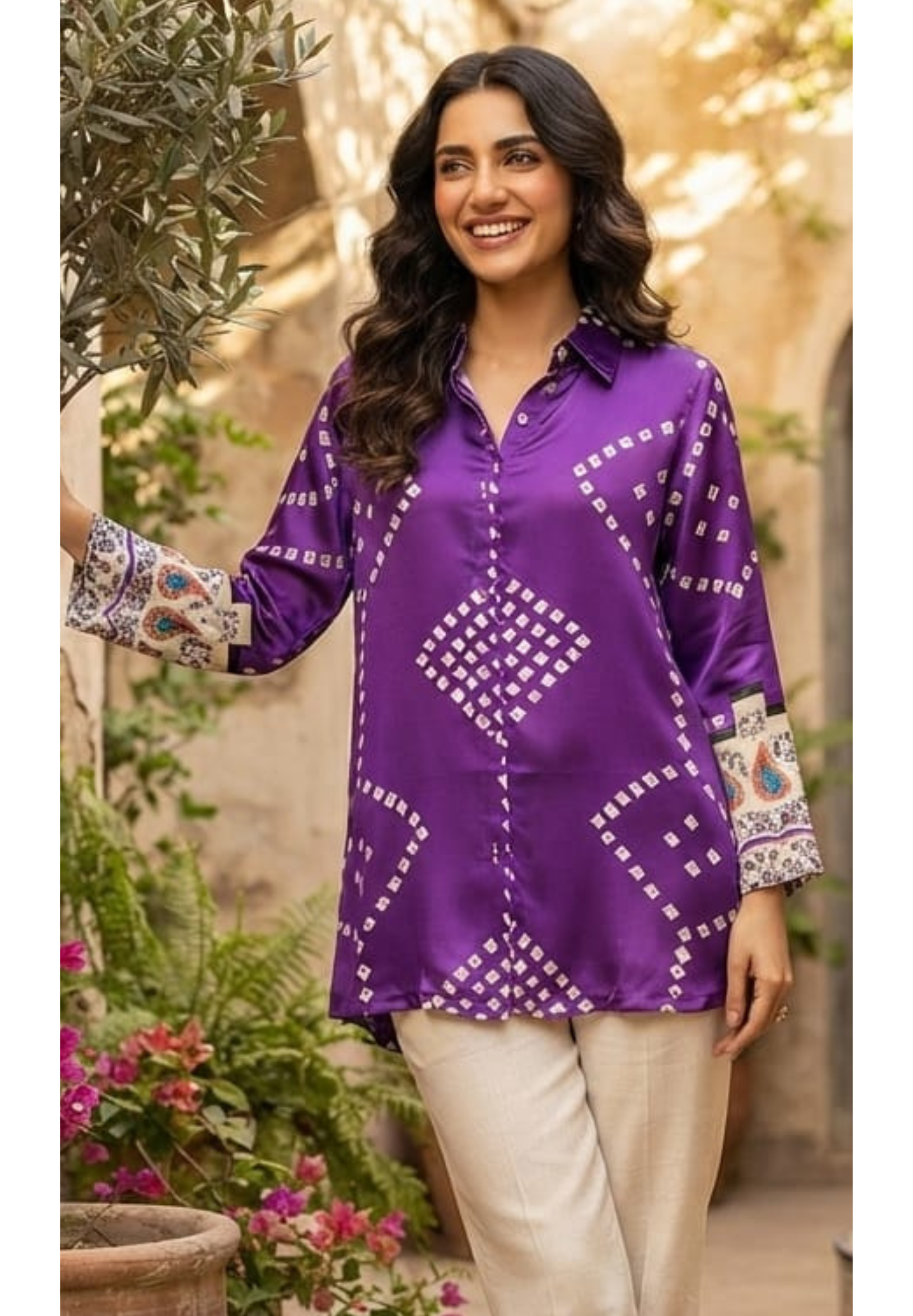 Bandhej With Mango Buti Prints On Sleeve Flowy Crepe Shirt- 15643