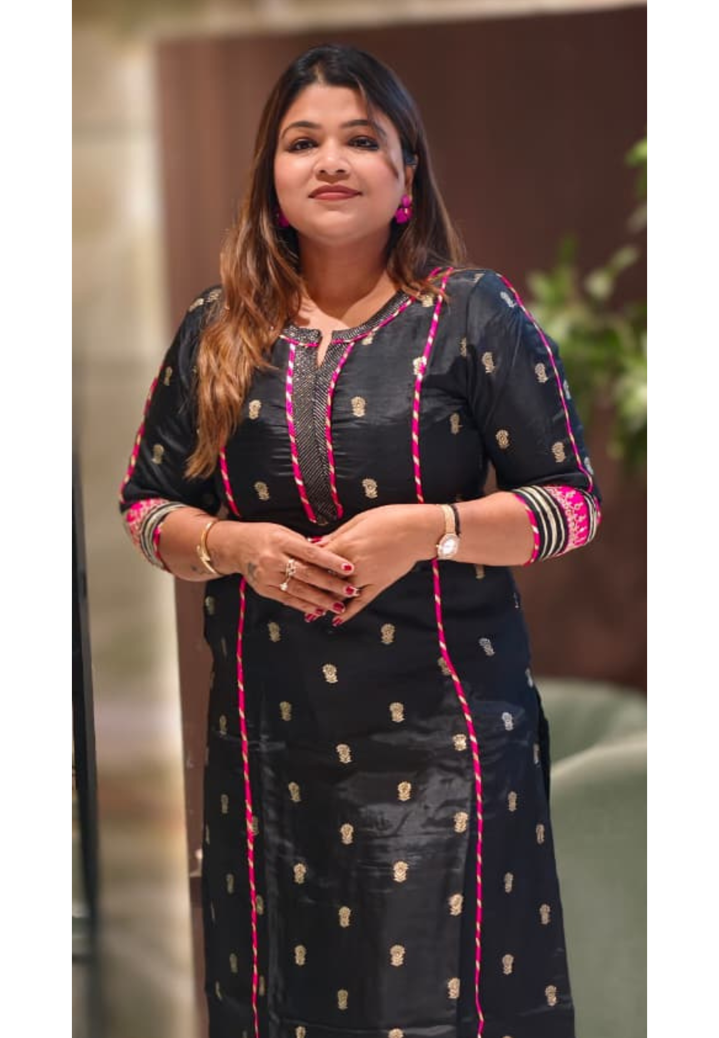 Traditional Silk Ethinc Kurta Pant Set With Pink & Golden Highlighted Pipings- 15535
