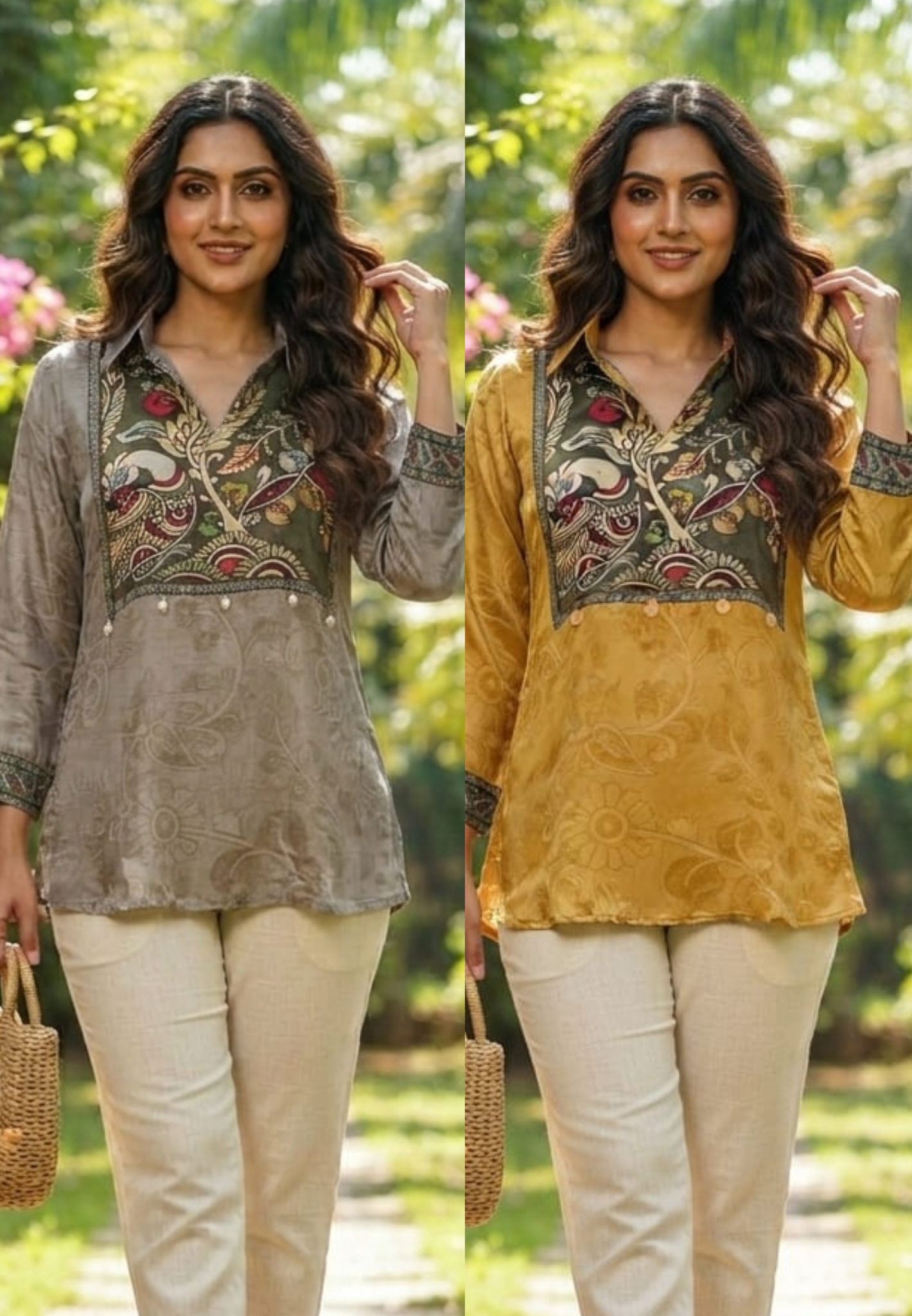 Artisnal Peacock Printed Yoke Tasseled Flowy Crepe Shirt- 14534