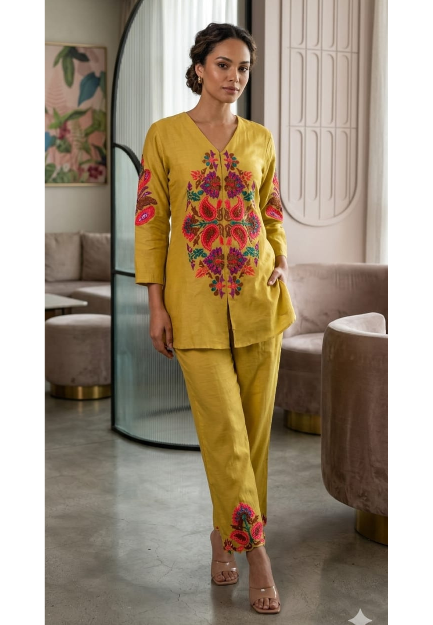 Fine Mossiac Floral Thread Embroidery Premium Comfort Premium Chanderi Co-Ord Set- 14931