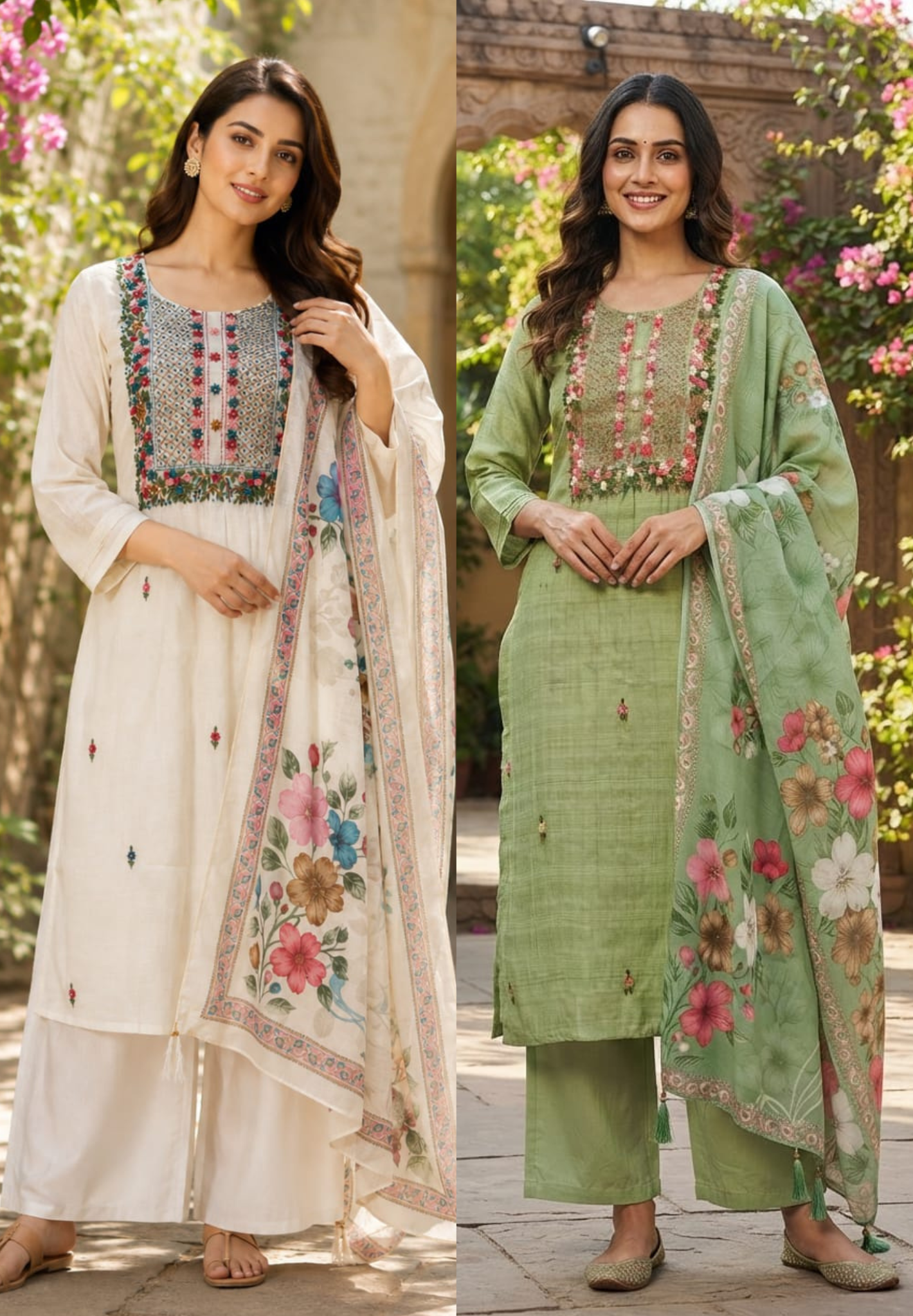 Surat Mul Chanderi Floral Thread Embroidered Ethnic Full Suit Set With Printed Dupatta- 15747
