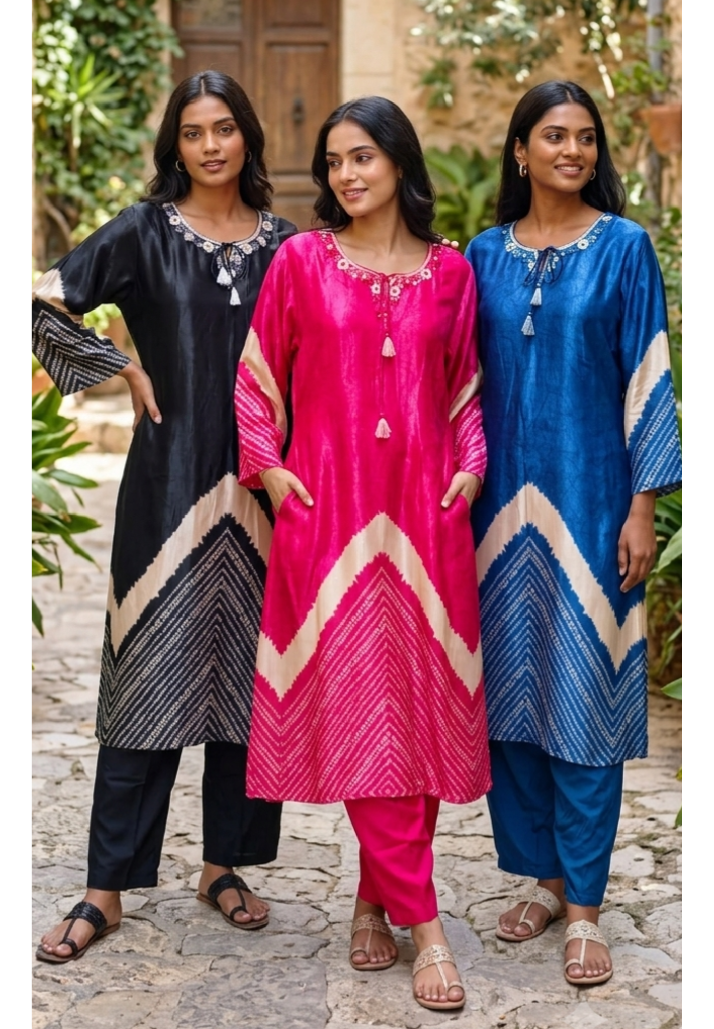 Gajji Silk Blend Dual-Tone Shibori Tie-Dye Kurta Pant Set with Intricate Neck Embroidery- 15738