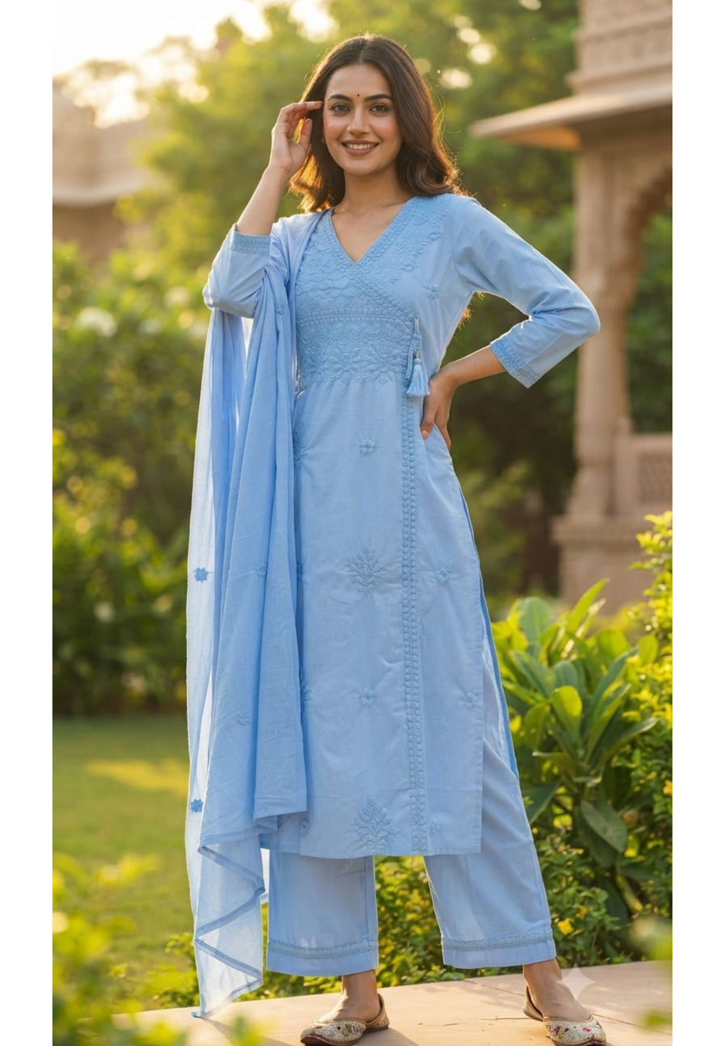 Royal Chikankari Angrakha Pattern Cotton Full Suit Set With Dupatta- 15648