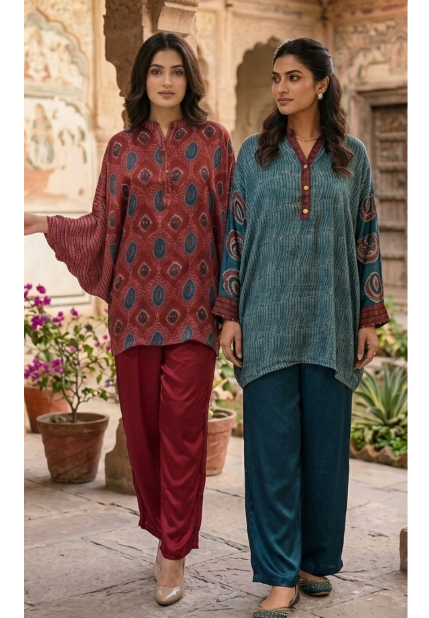 Oversized Abstract Linear Print Unqiue Look Kaftan Style Pure Crepe Co-Ord Set- 15632
