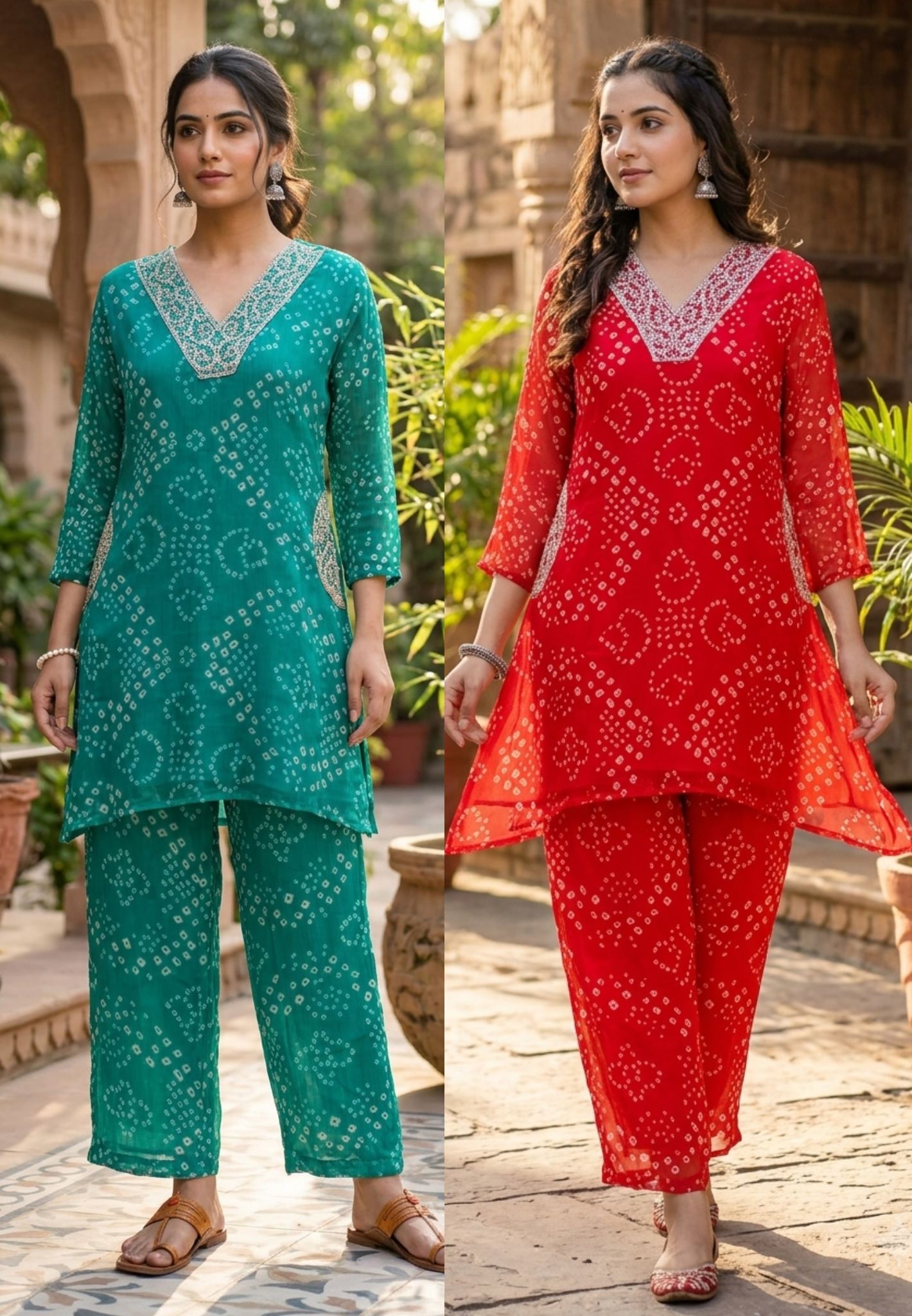Beautiful Machine Zari Embroidered Bandhej Print Chinon Co-Ord Set- 15481