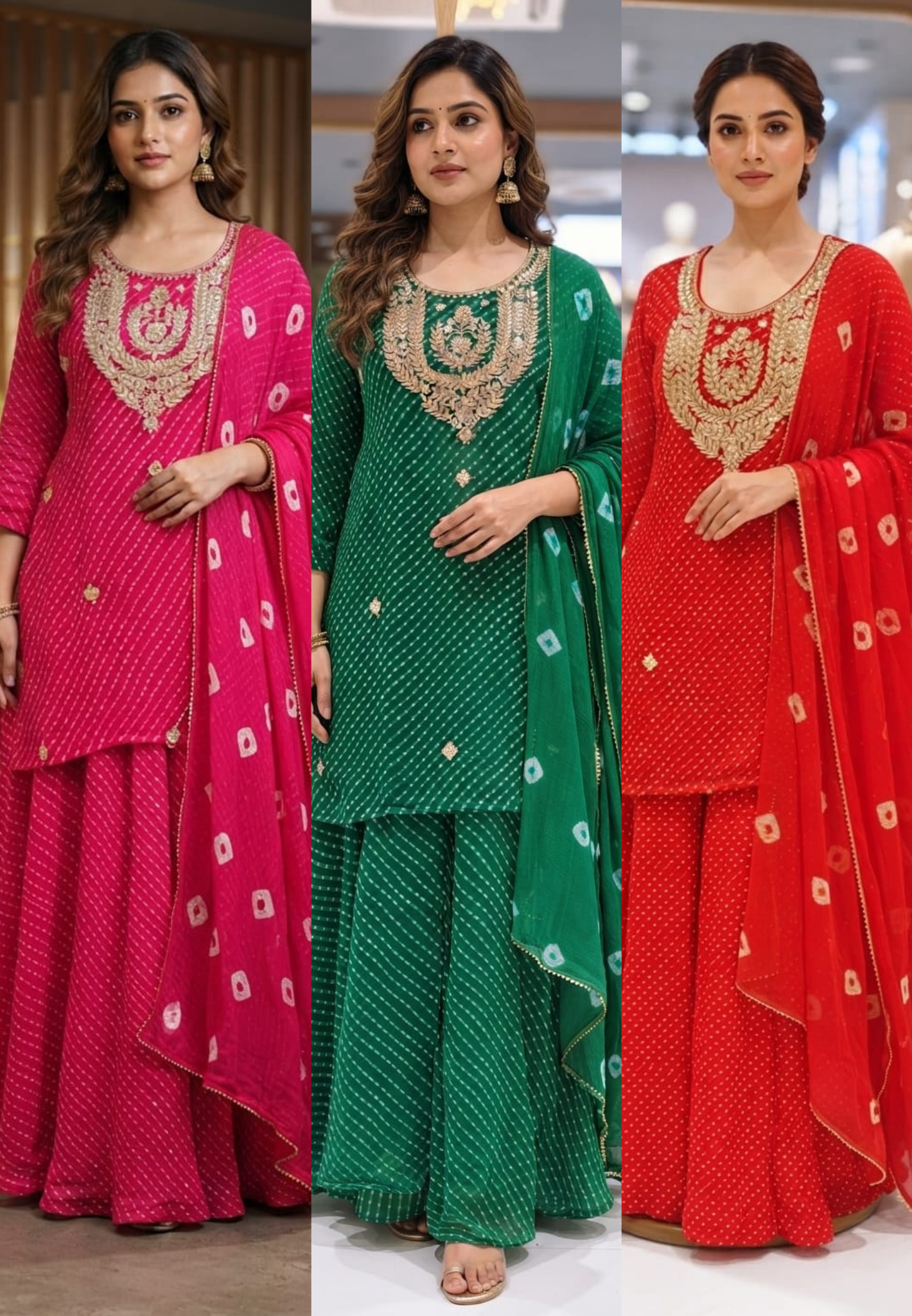 Gotta Leafy Embroidered Festive Leheriya Loose Palazzo Full Suit Set With Dupatta In Georgette Fabric- 15710
