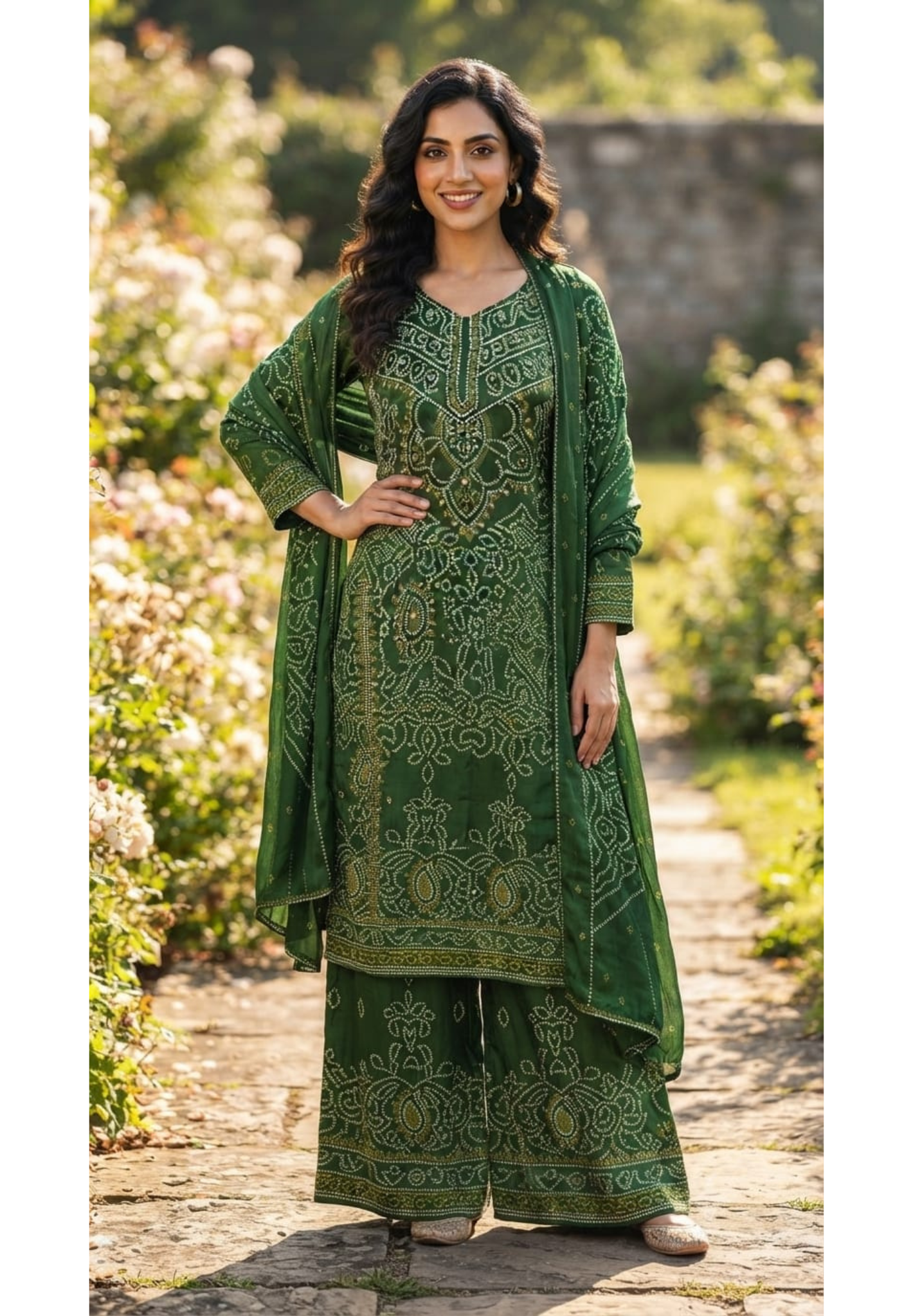 Classic Bottle Green All-Over Ethnic Bandhej Prints Full Suit Set With Dupatta & Loose Palazzo Bottom In Crepe Fabric- 15735