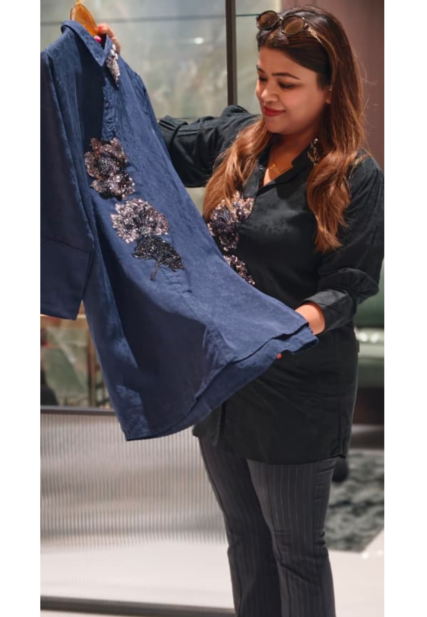 Star With Pearl & Sequin Touch Embroidery Over Front & Collar Stylish Imported Shirt- 15217