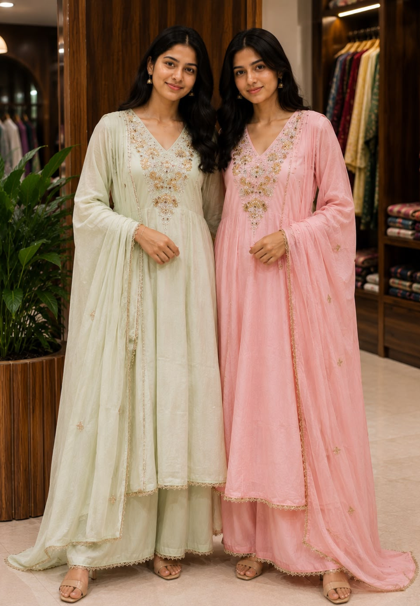 Elegant Intricate Embroidery Golden Lace Touch Mul-Chanderi A-Line Full Suit Set With Dupatta- 15791