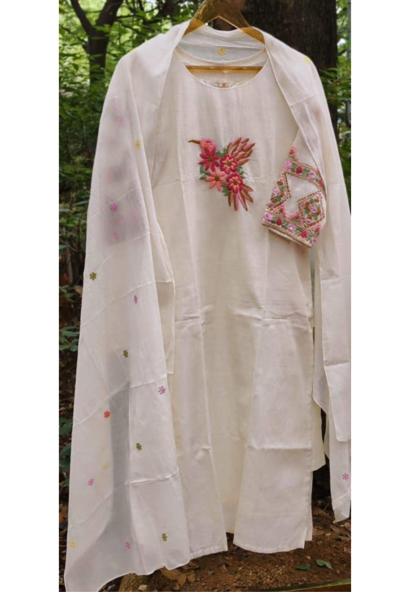 Ivory Floral Embroidery Over Sleeve & Figured Yoke Kora Cotton Full Suit Set With Dupatta- 15848