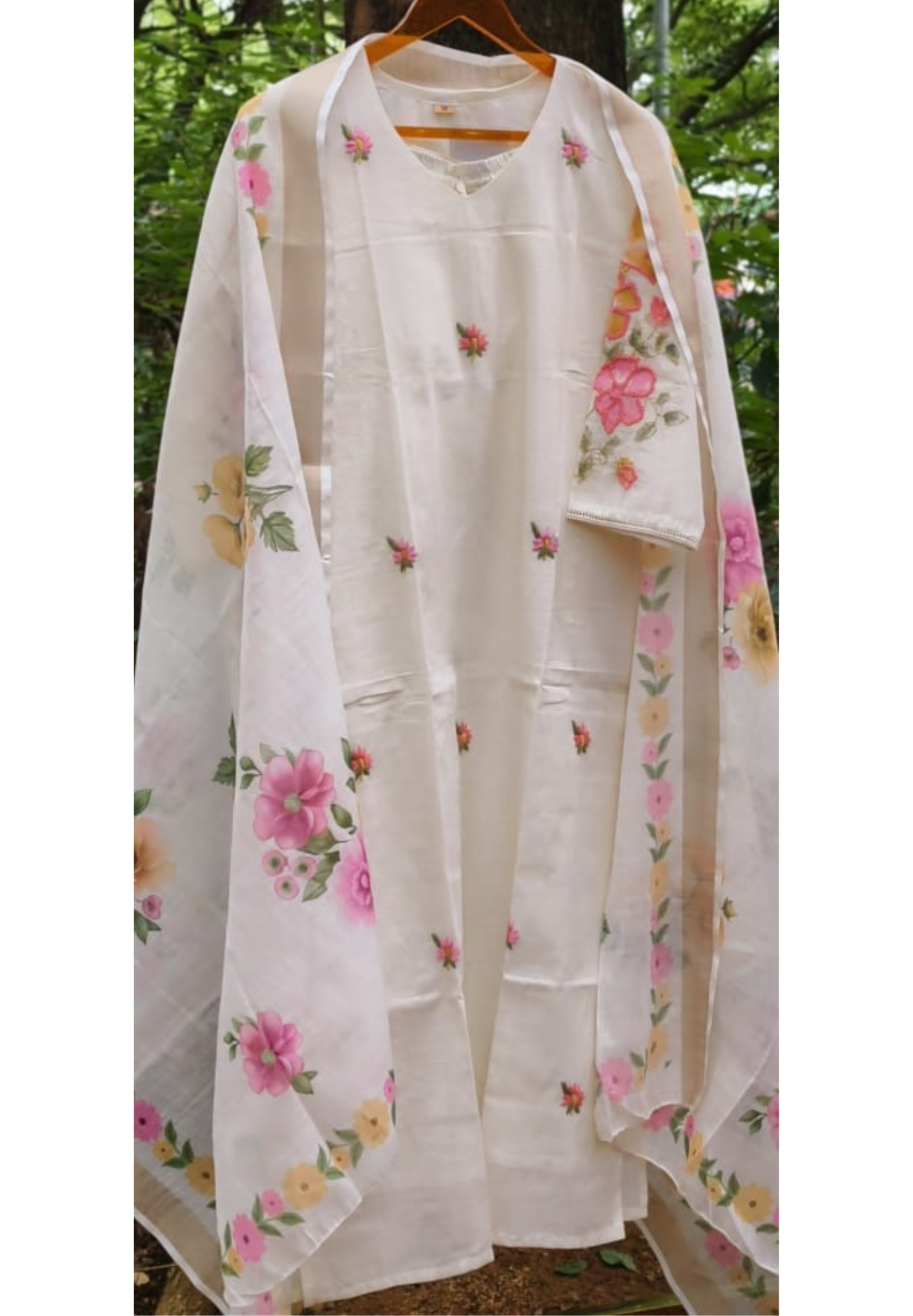 Ivory Spring Floral Embroidered With Print Kora Cotton Full Suit Set With Dupatta- 14689
