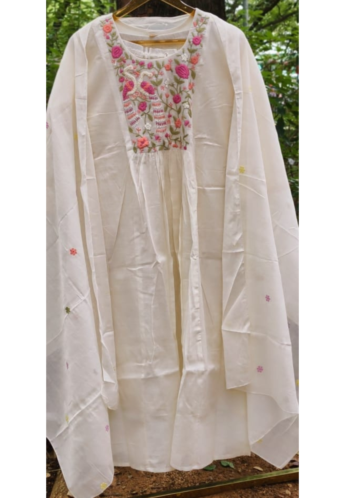 Ivory Floral Embroidered Yoke A-Line Full Suit Set With Dupatta In Kora Cotton Fabric- 14689