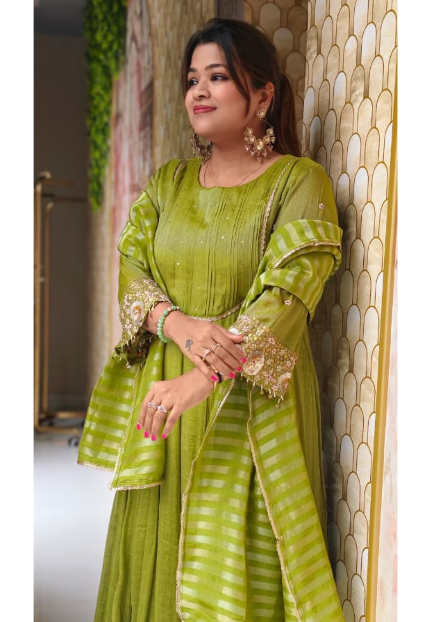 Crush Elegance Golden Lace Highlight & Sequin Handwork Sleeve Tissue Anarkali Full Suit Set With Dupatta- 13611