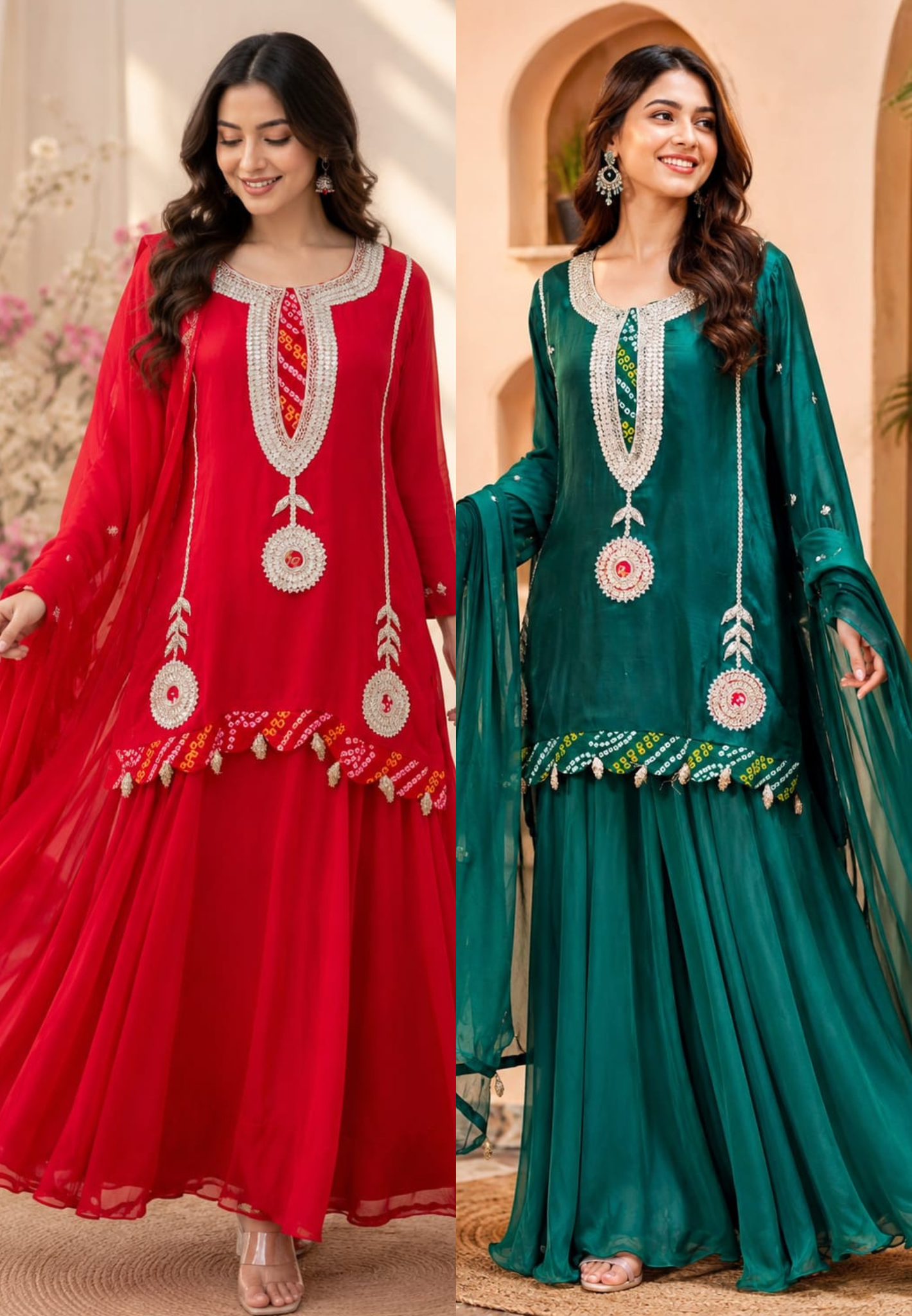 Bandhej Highlights Elegant Gotta Detailing Crepe Full Suit Set With Flared Skirt Bottom & Dupatta- 15852