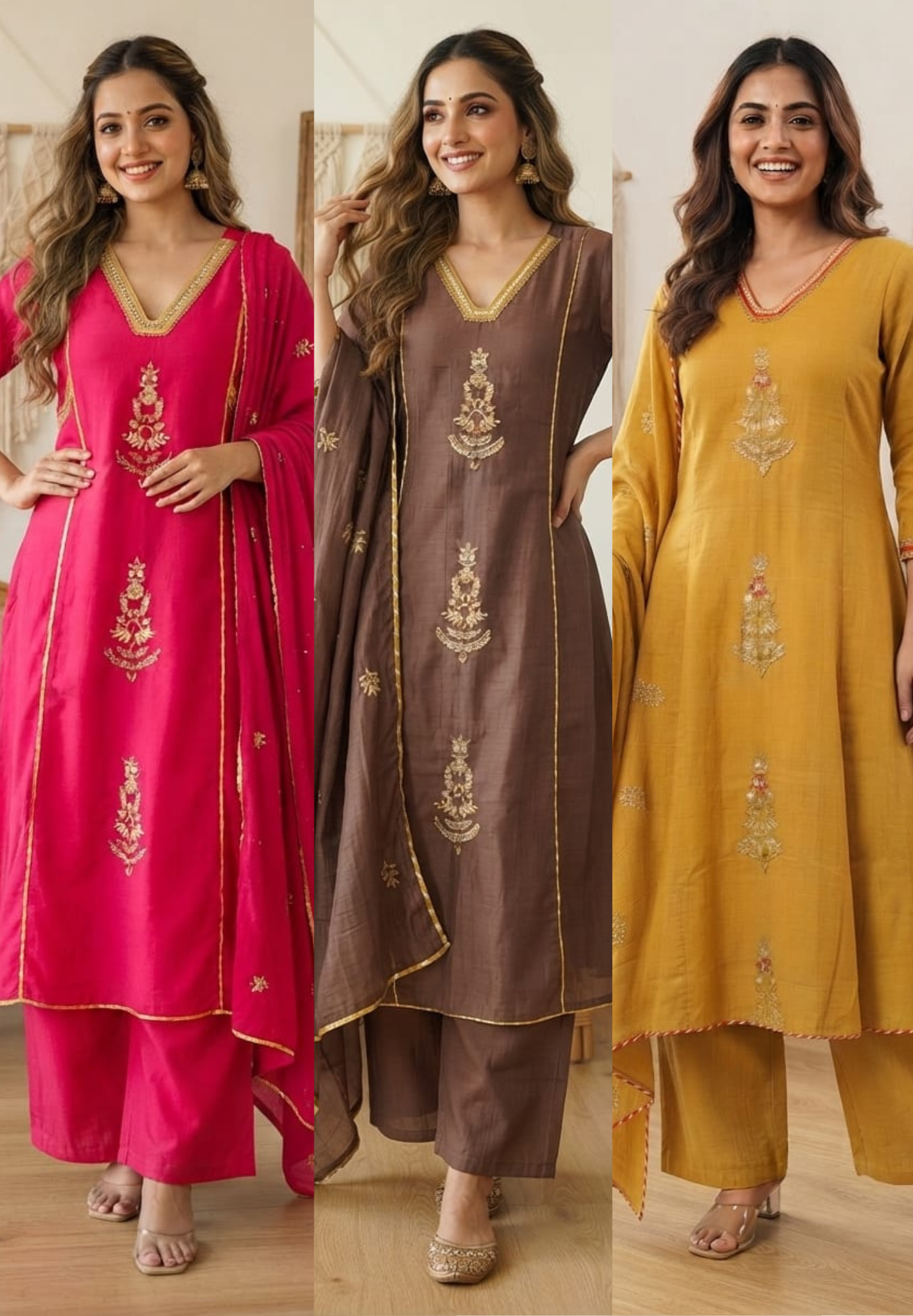 Beautiful Kundan Look Front Embroidery Highlighted A-Line Mul-Chanderi Full Suit Set With Dupatta- 15851